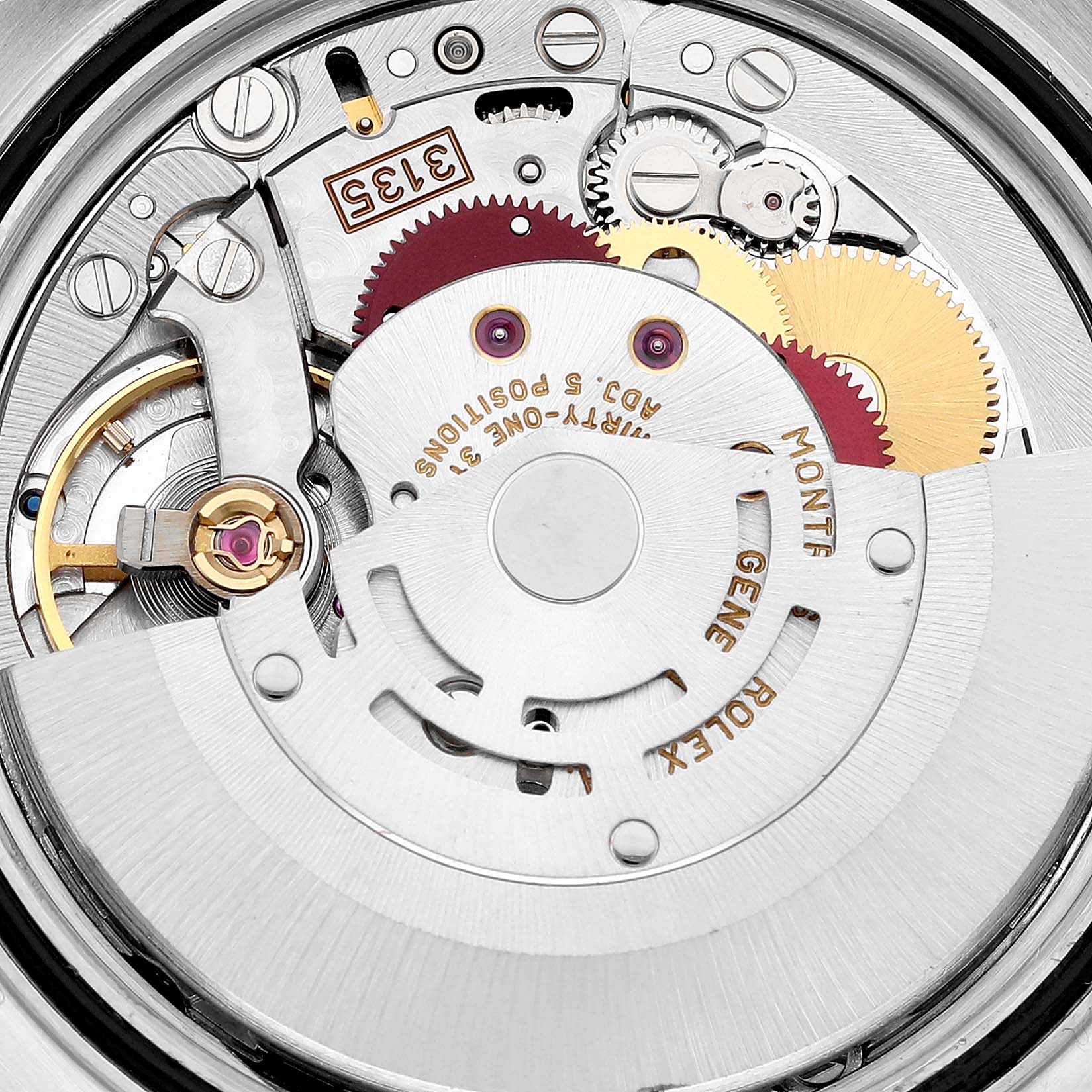 This image shows a close-up of the intricate automatic movement inside a Rolex Datejust 16233G Men's Steel and Gold (two tone) Blue Dial 16233G Men's Steel and Gold (two tone) Blue Dial watch.