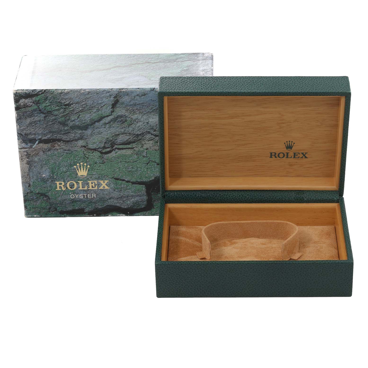 This image shows an open Rolex Datejust 16233G Men's Steel and Gold (two tone) Blue Dial 16233G Men's Steel and Gold (two tone) Blue Dial watch box and its outer protective box, both positioned at a slight angle.