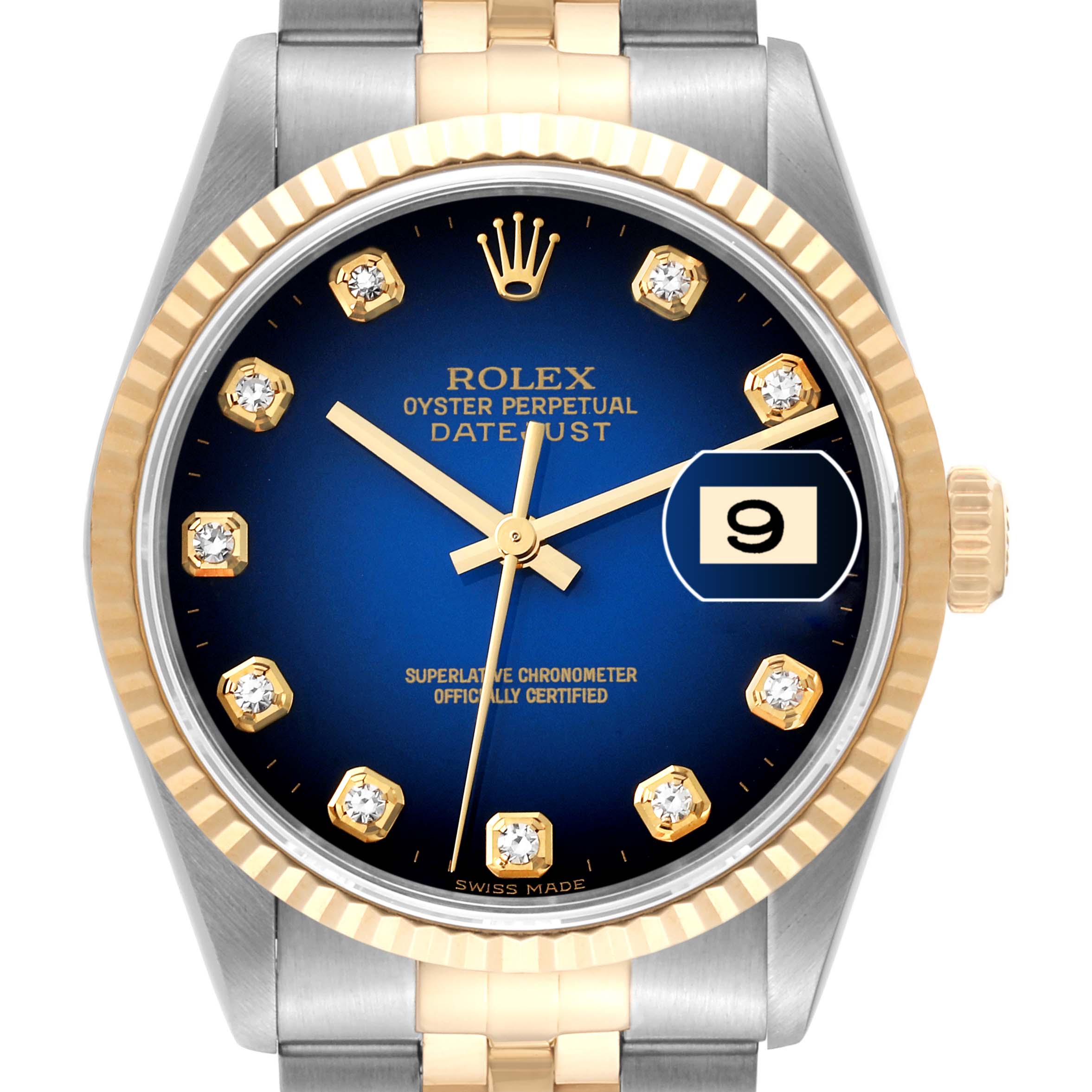 A straight-on view of a Rolex Datejust 16233G Men's Steel and Gold (two tone) Blue Dial 16233G Men's Steel and Gold (two tone) Blue Dial watch, showing the face, hands, date window, and part of the bracelet.