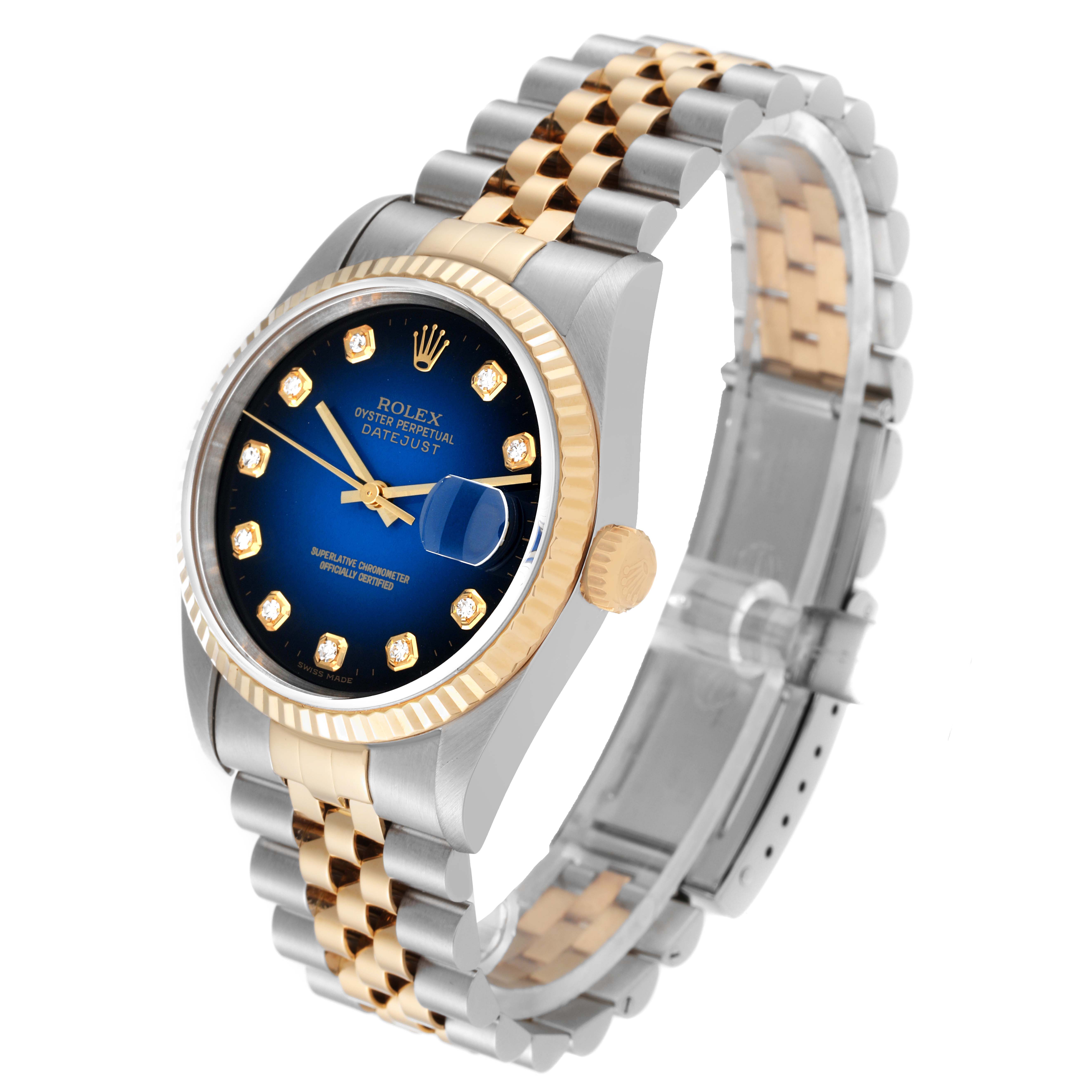 The image shows a Rolex Datejust 16233G Men's Steel and Gold (two tone) Blue Dial 16233G Men's Steel and Gold (two tone) Blue Dial watch at a slight side angle, displaying the face, crown, and Jubilee bracelet.