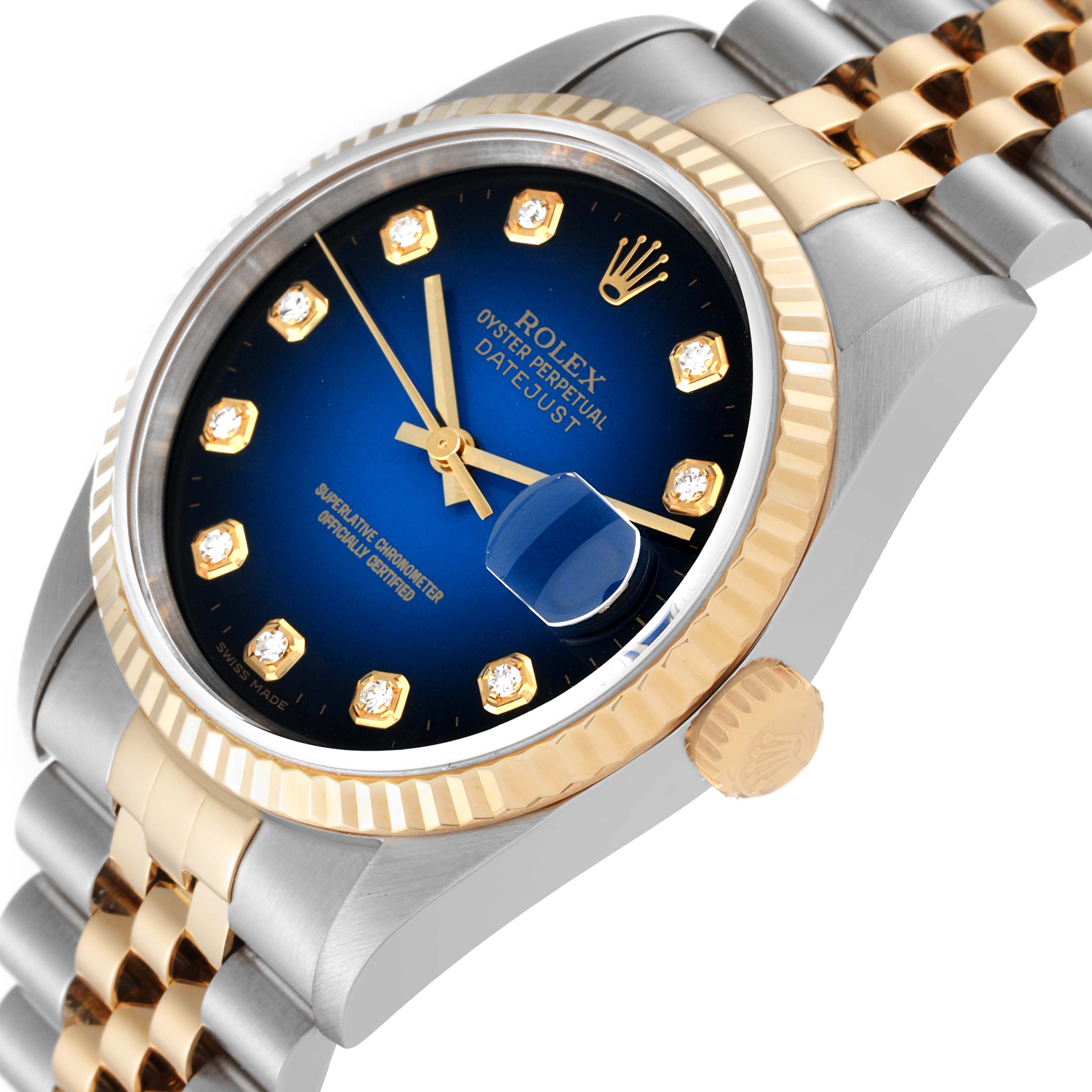 This image shows a close-up angle of the Rolex Datejust 16233G Men's Steel and Gold (two tone) Blue Dial 16233G Men's Steel and Gold (two tone) Blue Dial, highlighting its blue dial, gold accents, and two-tone bracelet.