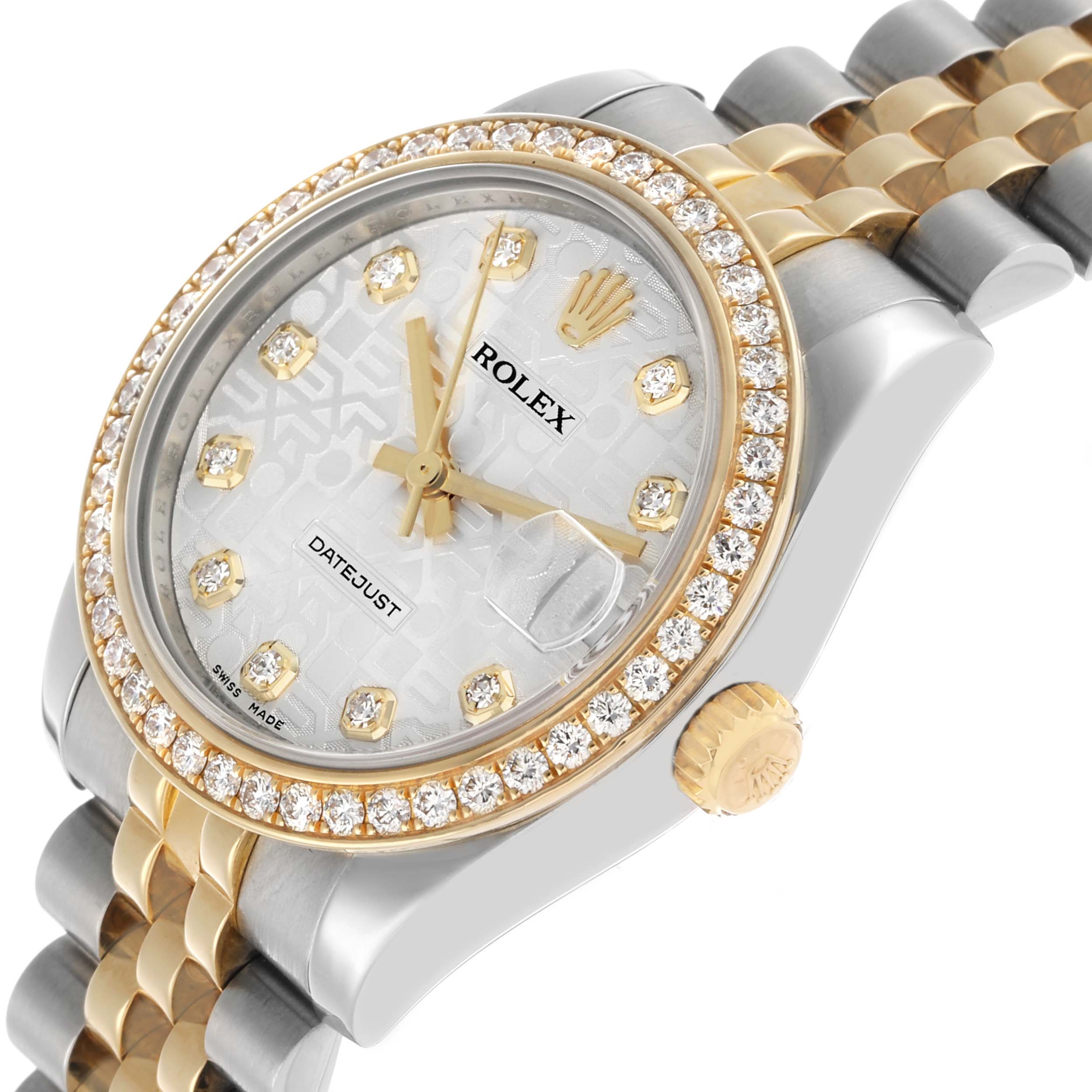 The Rolex Datejust 178383 Women's Steel and Gold (two tone) Silver Dial is shown from an angled view, highlighting the diamond bezel, dial, crown, and two-tone bracelet.