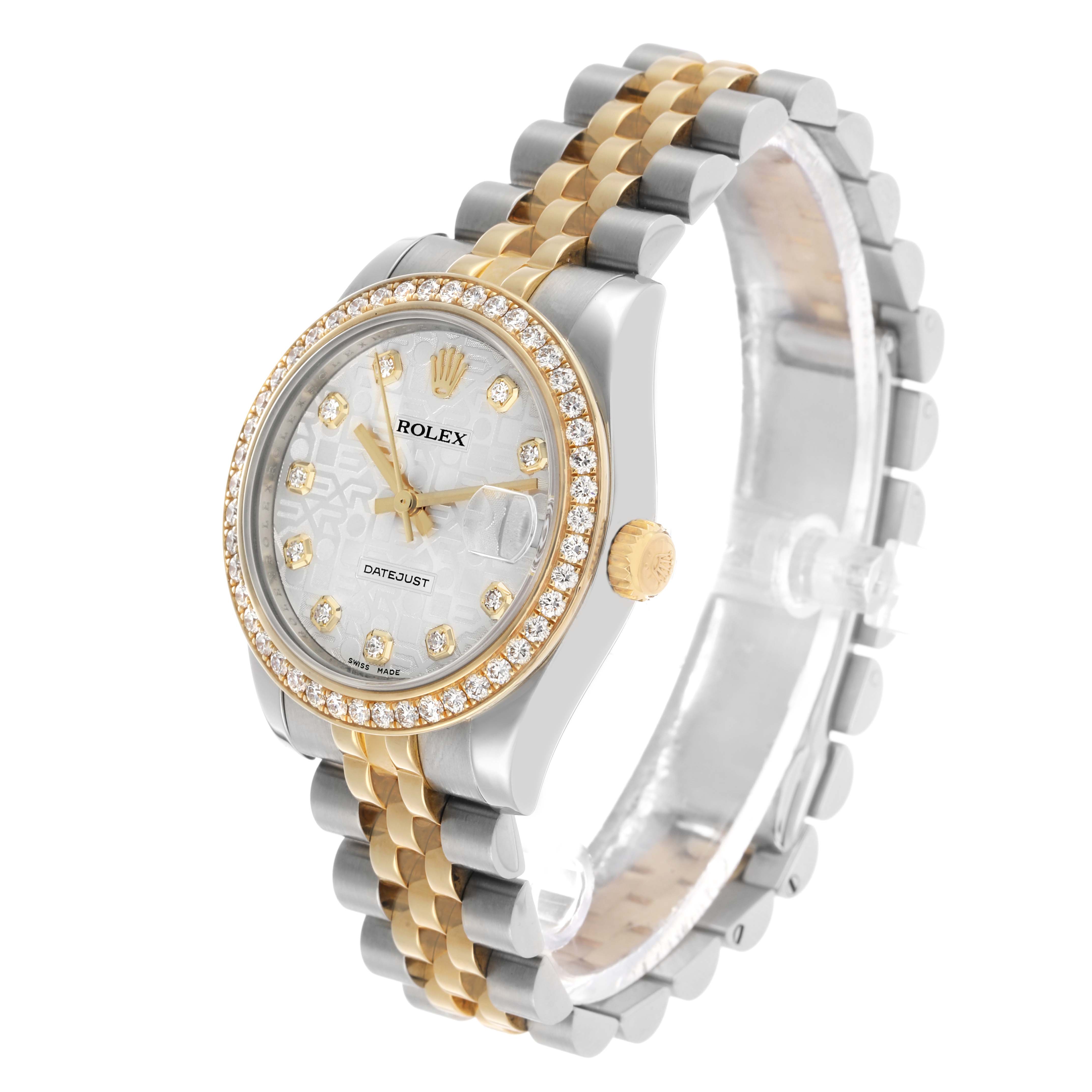 The Rolex Datejust 178383 Women's Steel and Gold (two tone) Silver Dial watch is shown at a side angle, highlighting the dial, bezel, crown, and the two-tone bracelet.