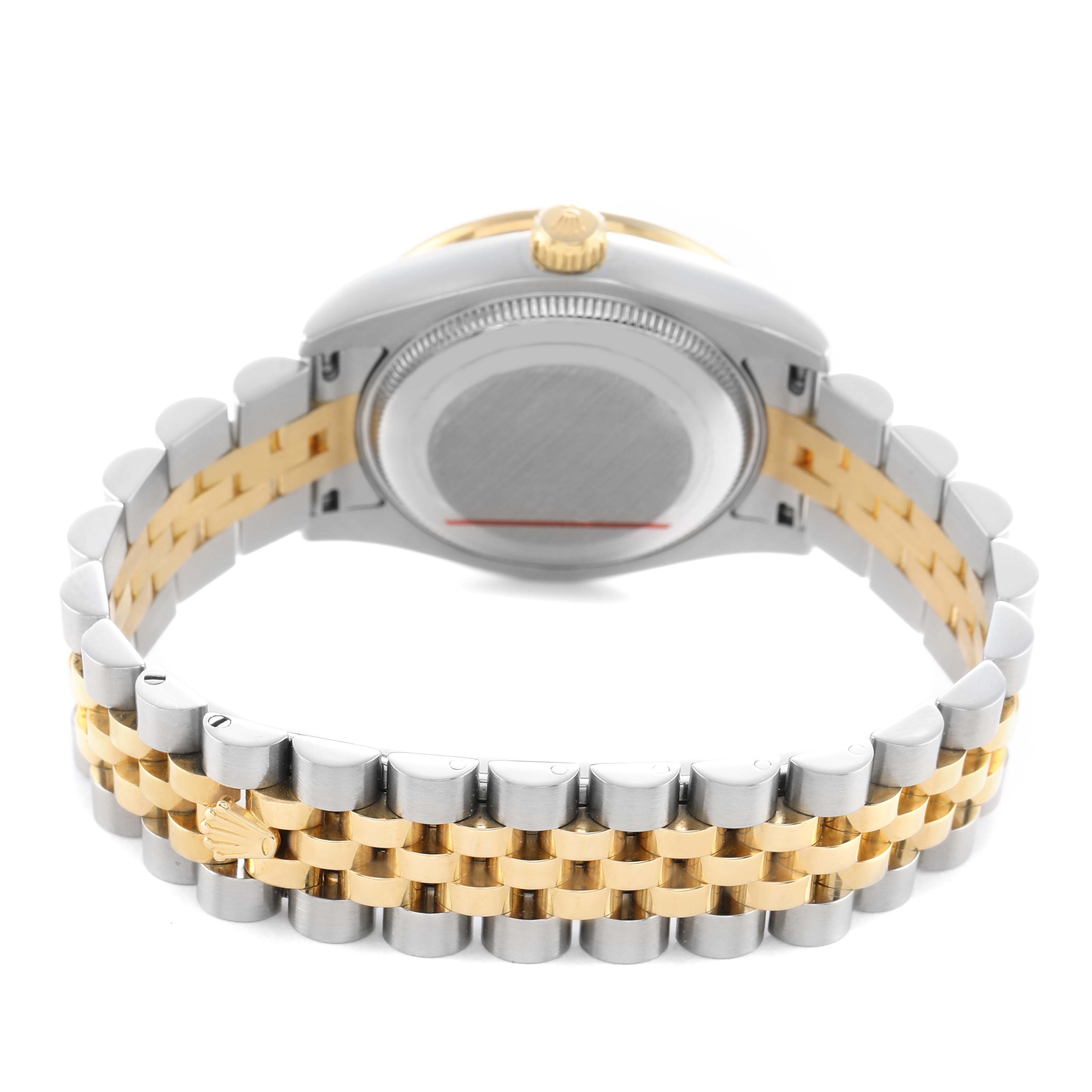 The image shows the backside of a Rolex Datejust 178383 Women's Steel and Gold (two tone) Silver Dial watch, highlighting the case back and two-tone bracelet.