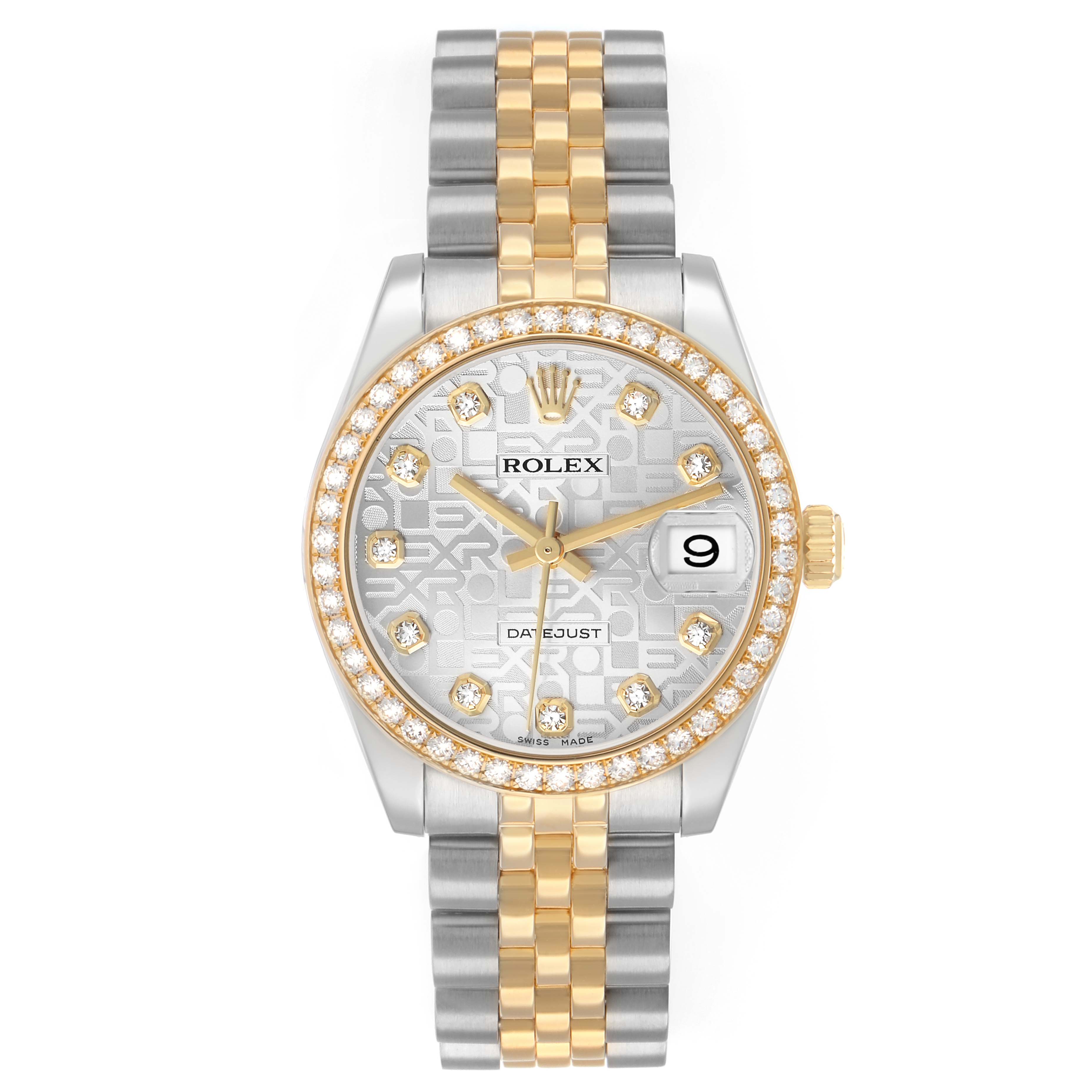 The Rolex Datejust 178383 Women's Steel and Gold (two tone) Silver Dial watch is shown from a top-down angle, displaying the face, bezel, and two-tone bracelet.