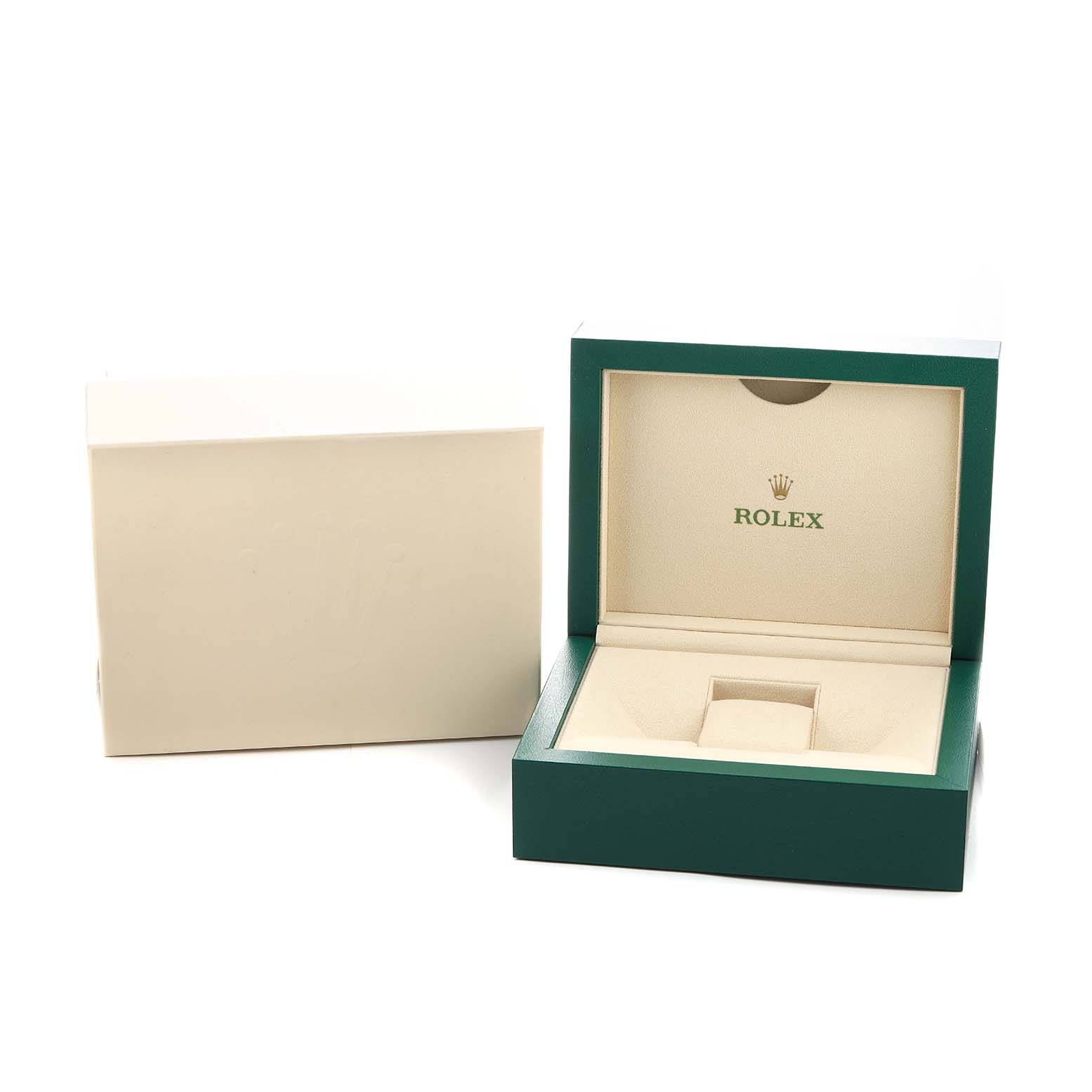 The image shows an open Rolex Datejust 178383 Women's Steel and Gold (two tone) Silver Dial watch box at an angle, revealing a green exterior and a cream interior.