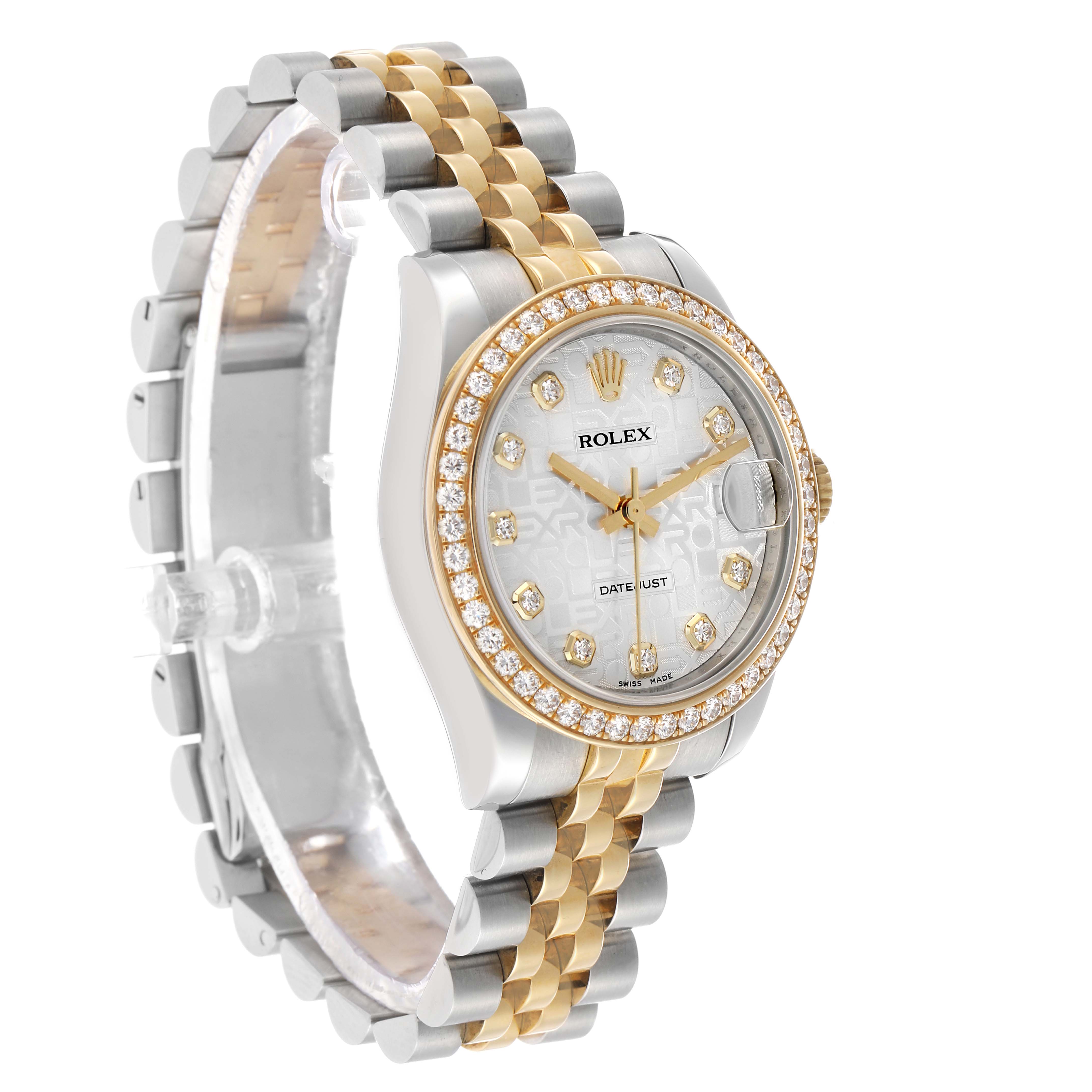 The Rolex Datejust 178383 Women's Steel and Gold (two tone) Silver Dial watch is shown at an angle highlighting the dial, bezel, and two-tone bracelet.