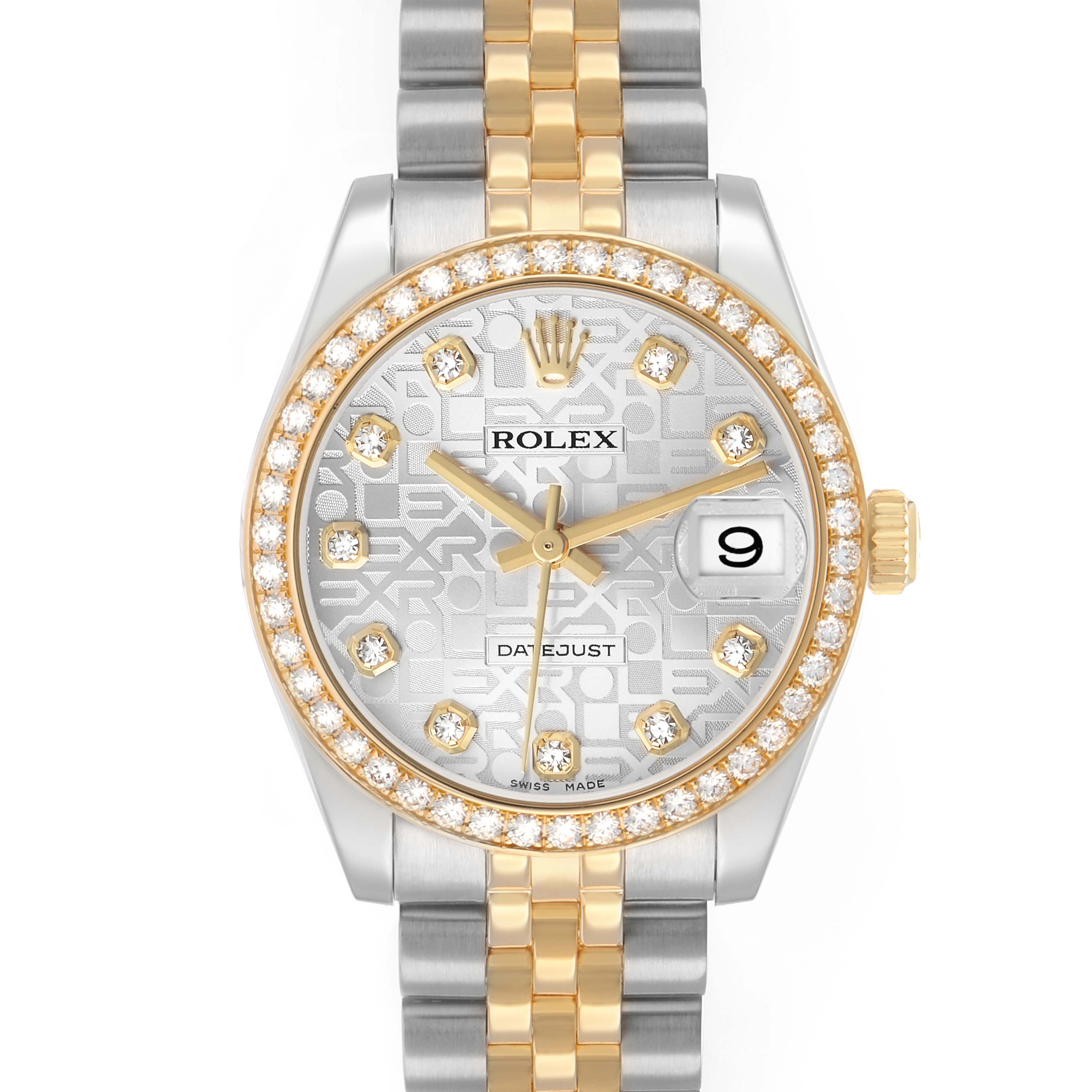 The Rolex Datejust 178383 Women's Steel and Gold (two tone) Silver Dial watch is shown from the front, displaying the dial, bezel, and part of the bracelet.