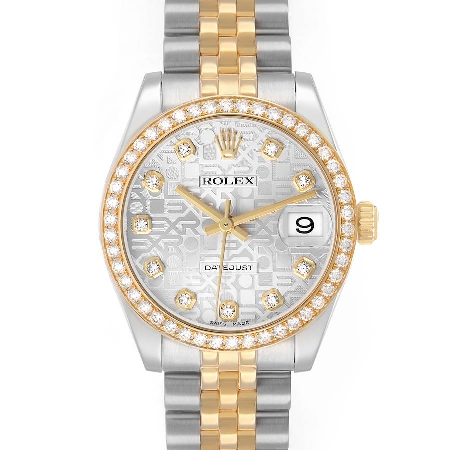 The Rolex Datejust 178383 Women's Steel and Gold (two tone) Silver Dial watch is shown from the front, displaying the dial, bezel, and part of the bracelet.