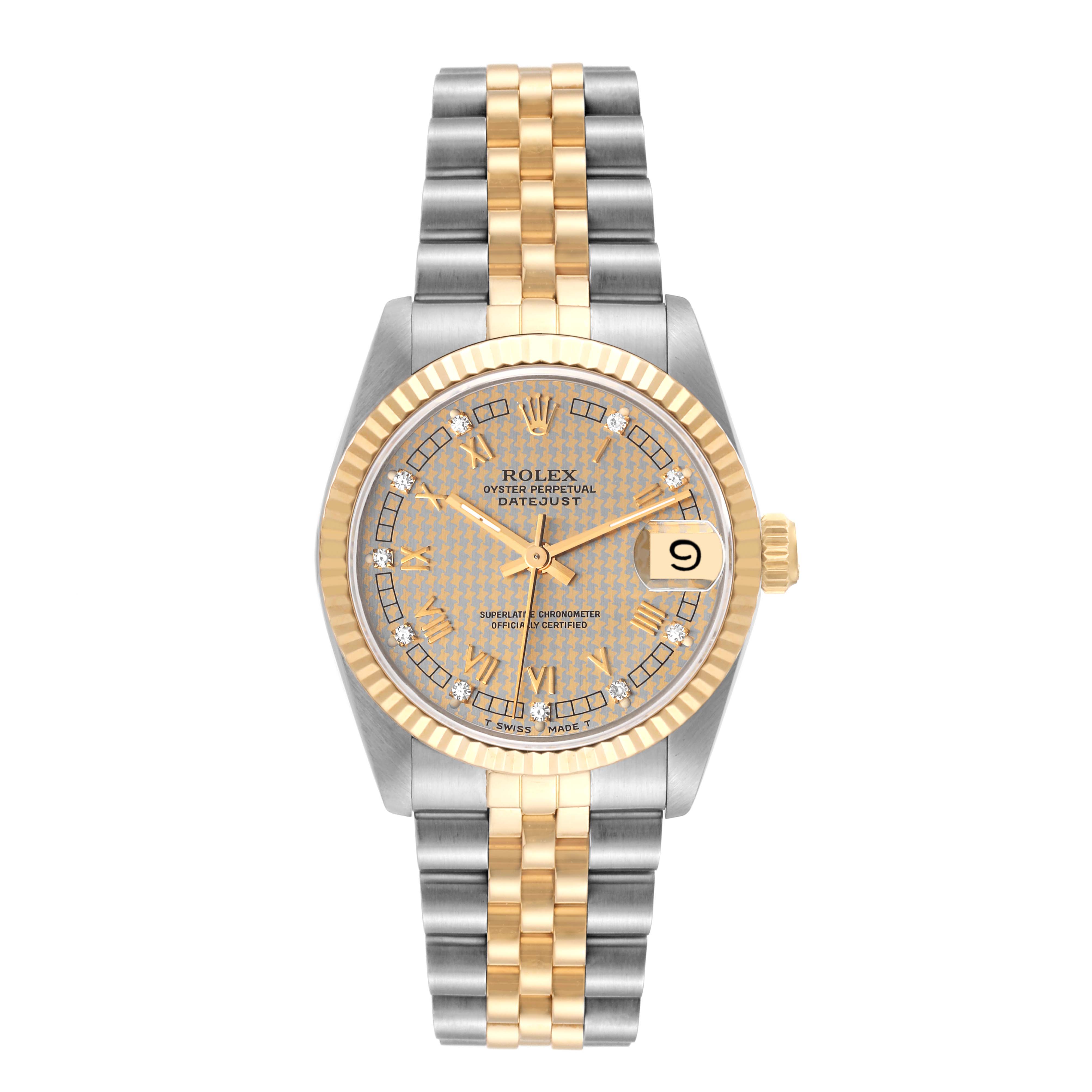 The image shows a front view of a Rolex Datejust Mid-Size watch, featuring a two-tone band, gold fluted bezel, and date display.