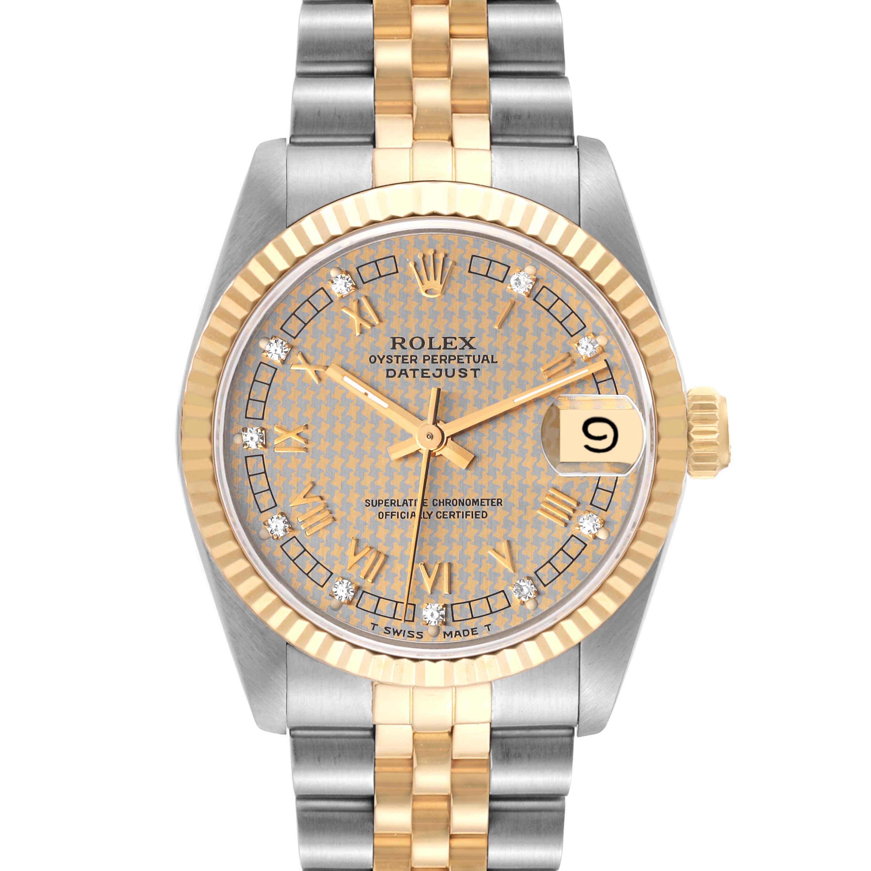 The image shows the front of a Rolex Mid-Size 68273G Women's Steel and Gold (two tone) Champagne Dial 68273G Women's Steel and Gold (two tone) Champagne Dial Oyster Perpetual Datejust watch, highlighting the gold and silver bracelet, and the detailed dial.