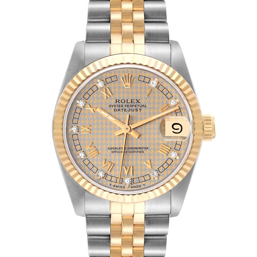 Rolex Datejust Midsize Steel Yellow Gold Houndstooth Diamond Ladies Watch 68273 SwissWatchExpo