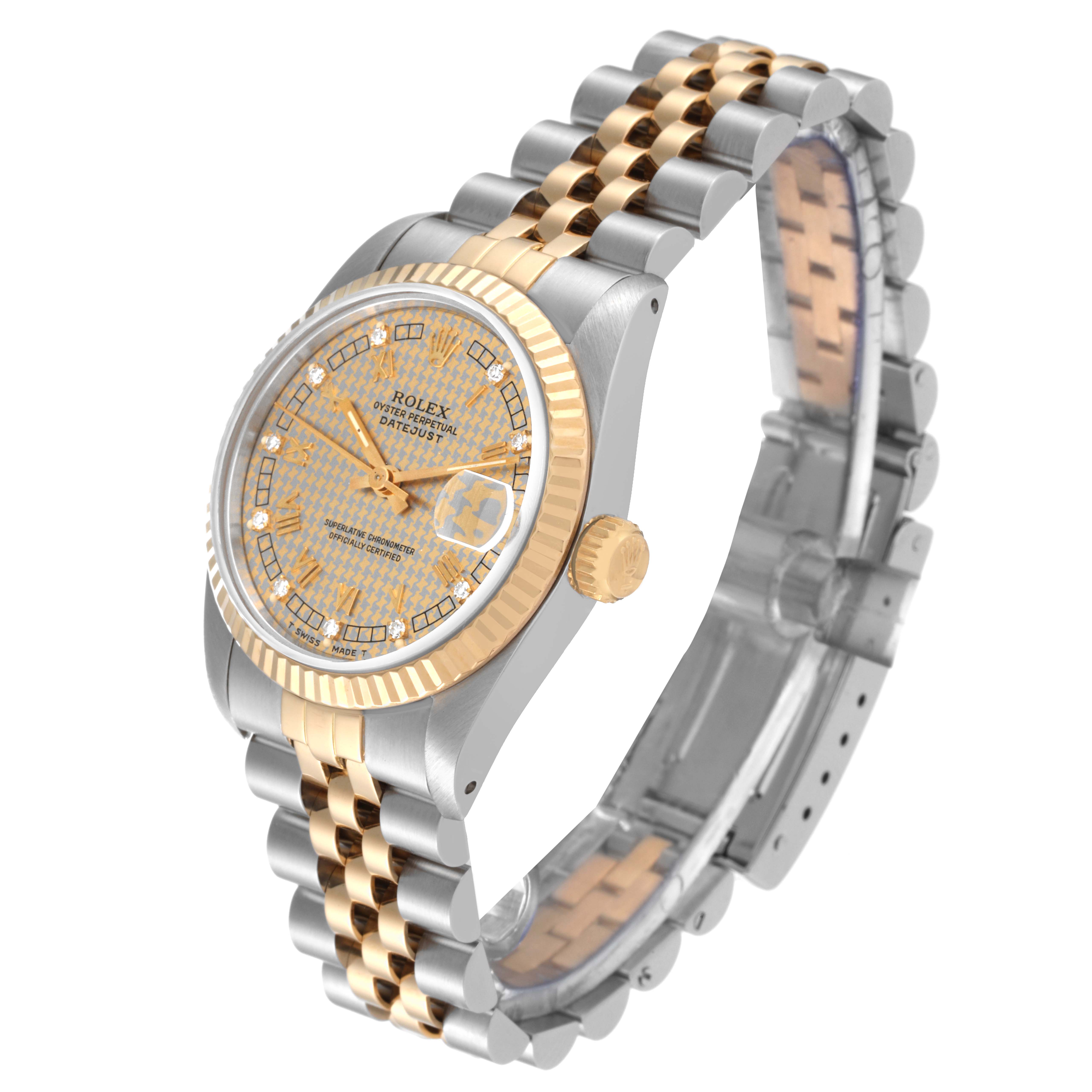 The Rolex Mid-Size 68273G Women's Steel and Gold (two tone) Champagne Dial 68273G Women's Steel and Gold (two tone) Champagne Dial watch is displayed at an angle showing its face, bezel, crown, and two-tone bracelet.