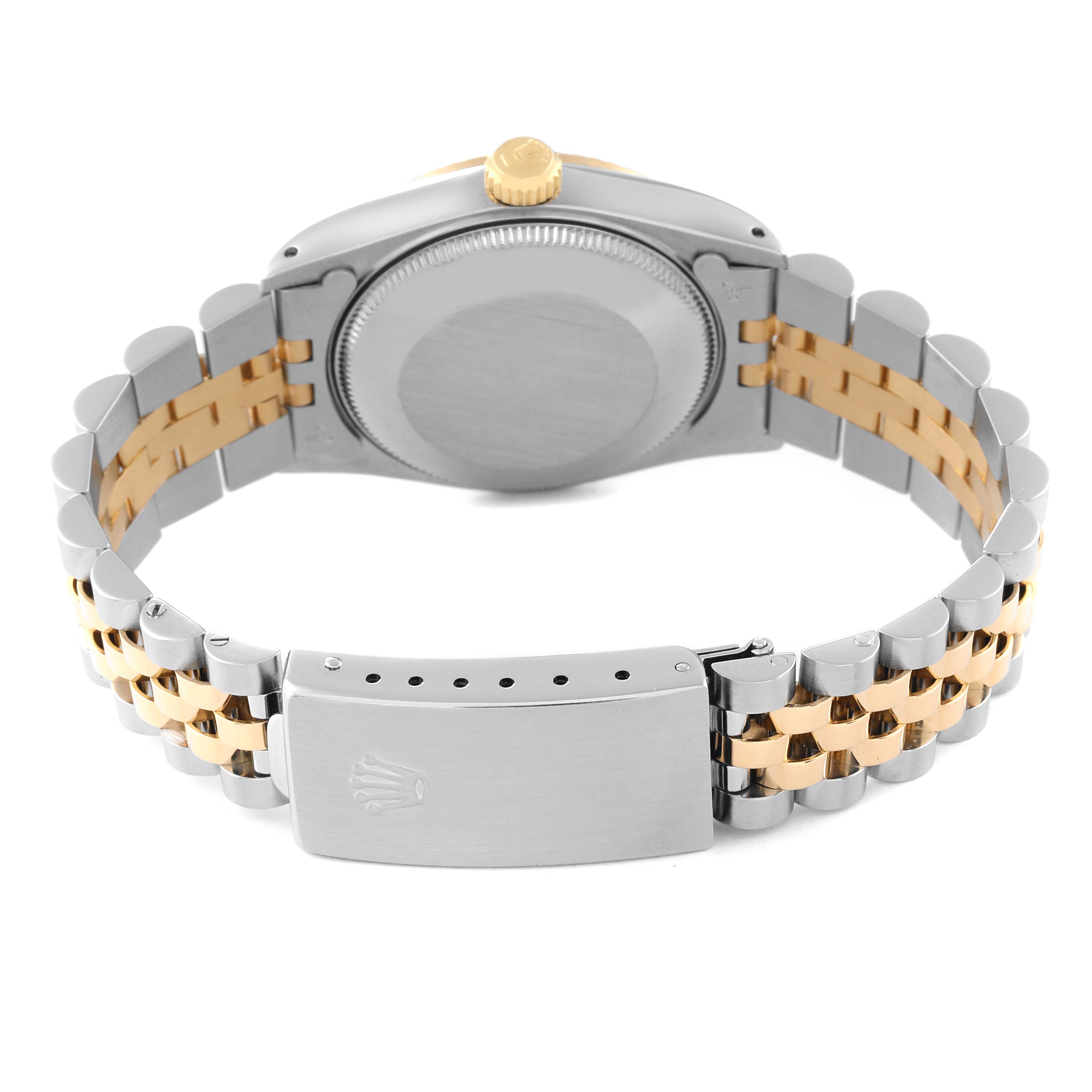The image shows the back view of a Rolex Mid-Size 68273G Women's Steel and Gold (two tone) Champagne Dial 68273G Women's Steel and Gold (two tone) Champagne Dial watch, highlighting the case back, crown, and bi-color metal bracelet with a clasp.