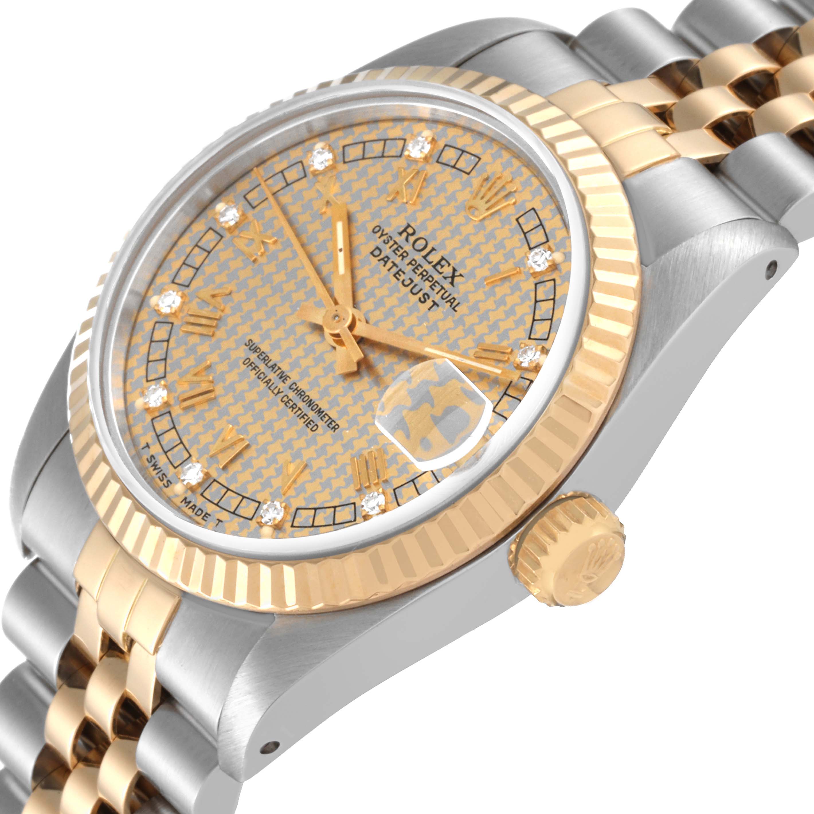 The image shows a side angle of a Rolex Mid-Size 68273G Women's Steel and Gold (two tone) Champagne Dial 68273G Women's Steel and Gold (two tone) Champagne Dial Datejust watch, highlighting the dial, bezel, crown, and part of the bracelet.