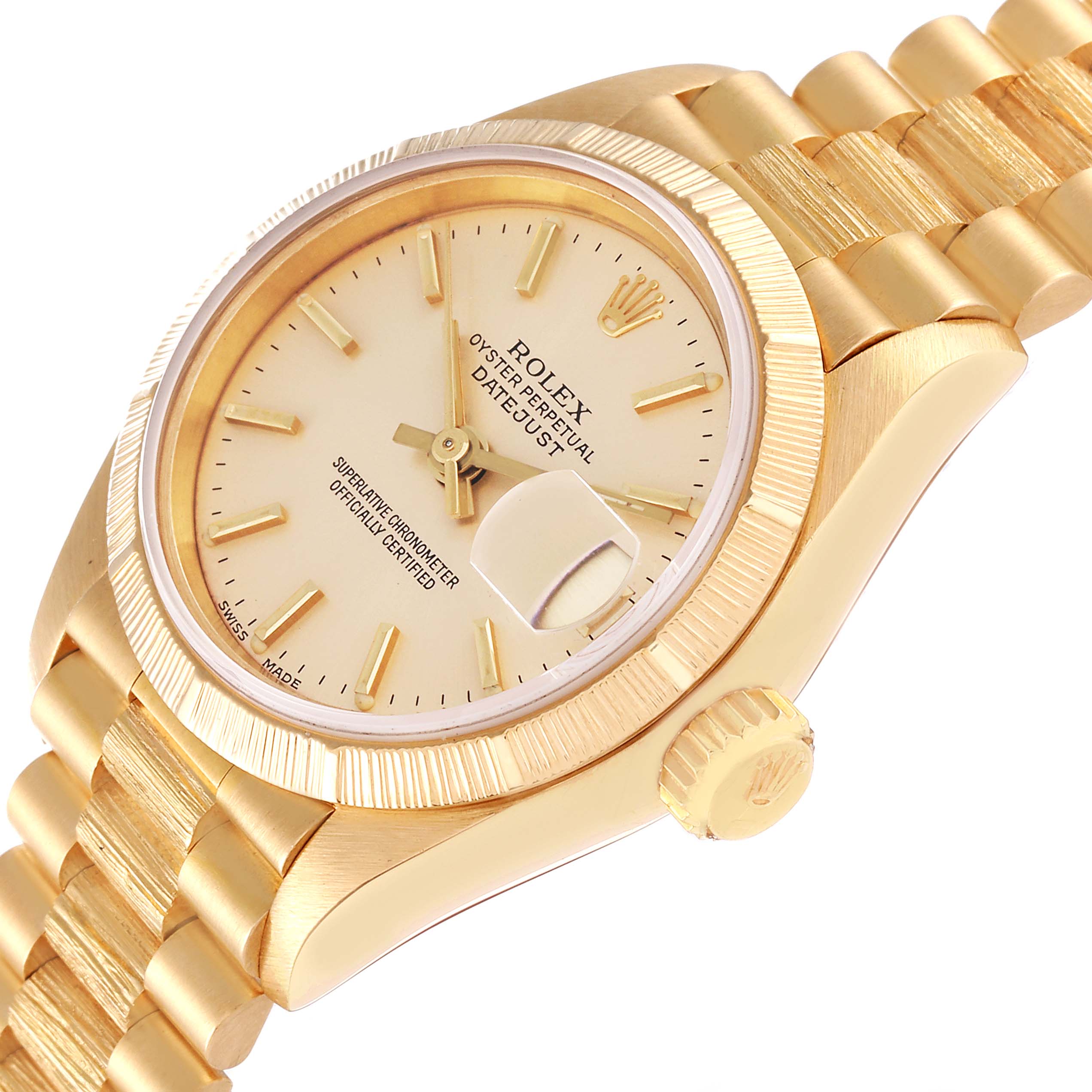 The image shows a close-up view of a Rolex President 69278 Women's Yellow Gold Champagne Dial 69278 Women's Yellow Gold Champagne Dial model watch, featuring the dial, bezel, crown, and part of the bracelet.