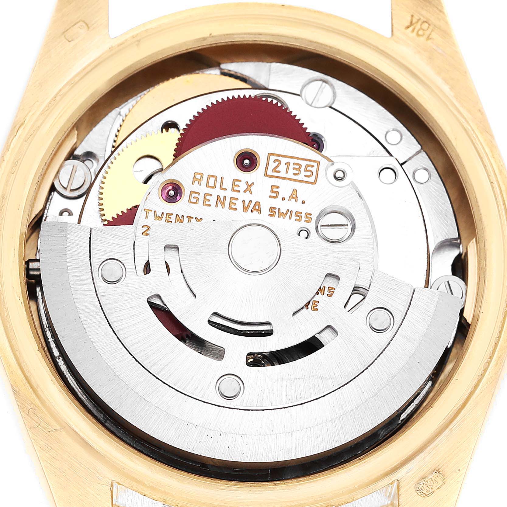 The image shows the back view of a Rolex President 69278 Women's Yellow Gold Champagne Dial 69278 Women's Yellow Gold Champagne Dial model, revealing its internal mechanical movement.