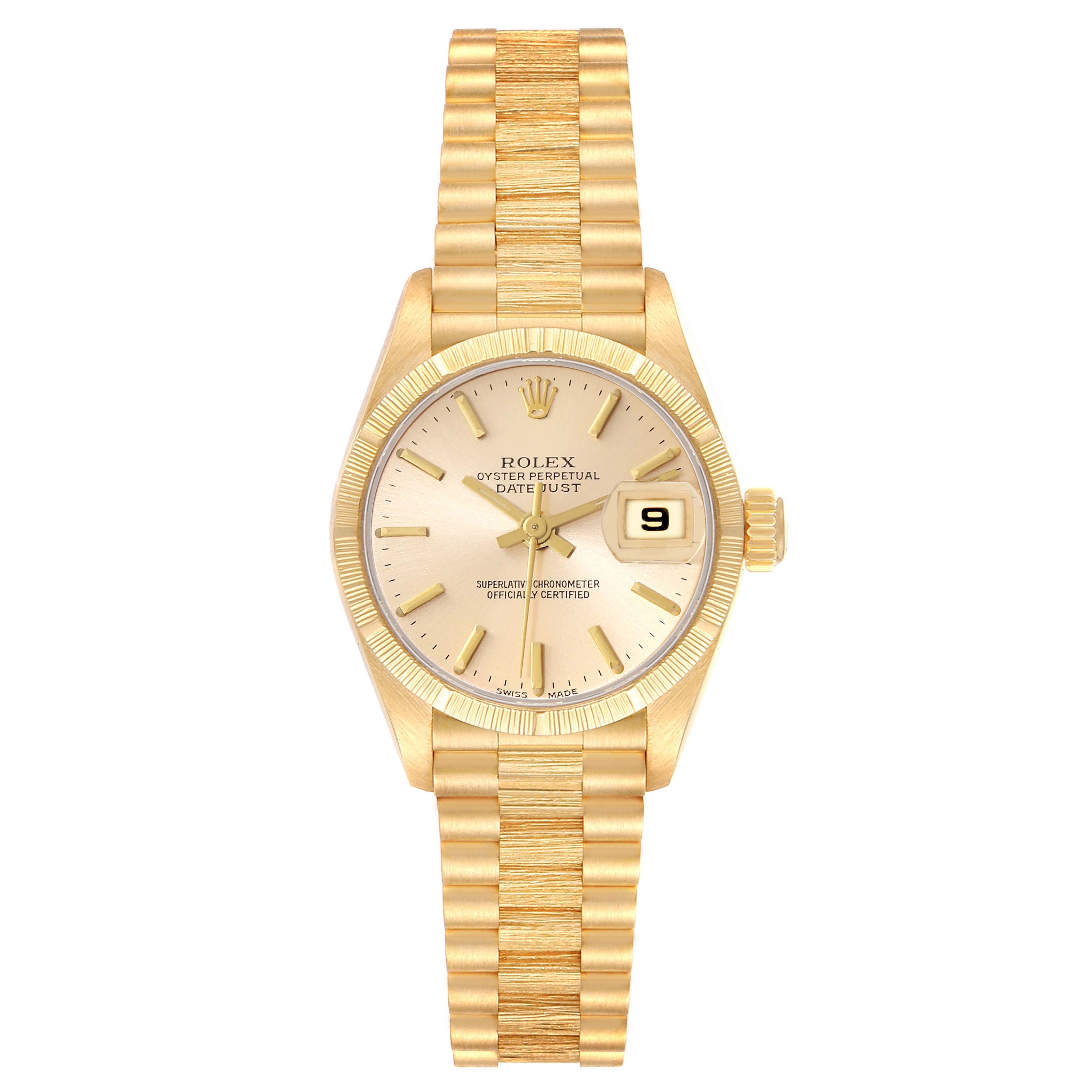 The image shows a Rolex President 69278 Women's Yellow Gold Champagne Dial 69278 Women's Yellow Gold Champagne Dial model watch from a front angle, highlighting the face, bezel, and bracelet.