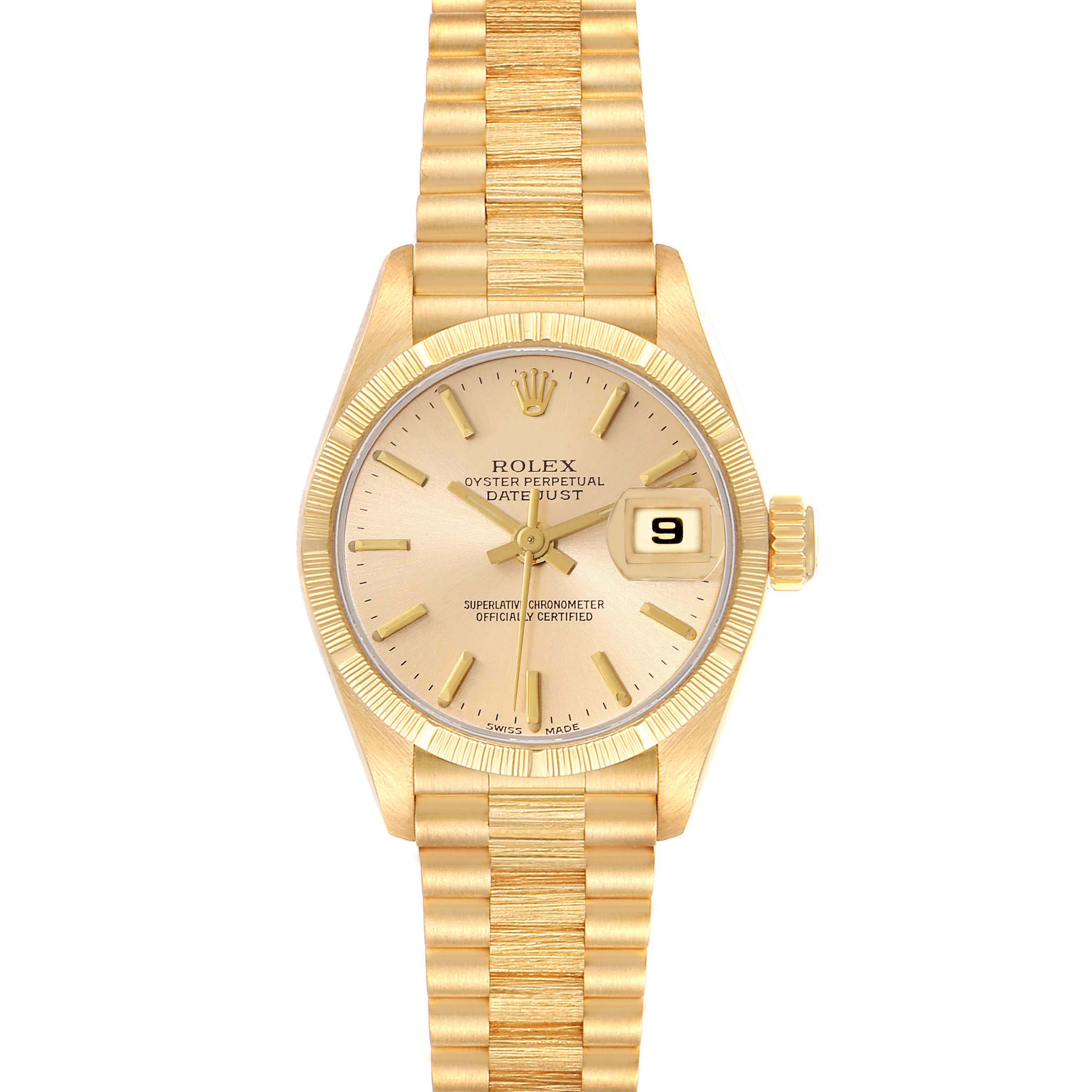 The image shows a front view of a Rolex President 69278 Women's Yellow Gold Champagne Dial 69278 Women's Yellow Gold Champagne Dial model watch, highlighting its gold dial, bezel, bracelet, and date feature.