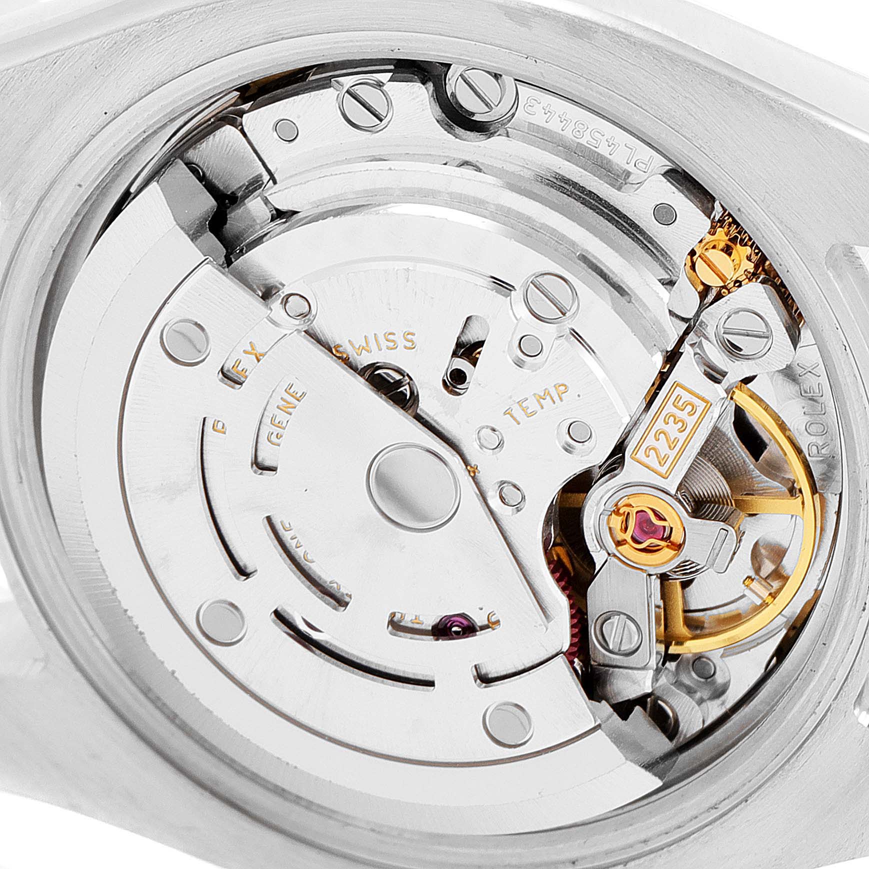 The image shows a close-up of the Rolex Datejust 179171 Women
s Steel and Gold (two tone) Mother of Pearl Dial 179171 Women
s Steel and Gold (two tone) Mother of Pearl Dial
s internal movement, highlighting the intricate mechanical components.