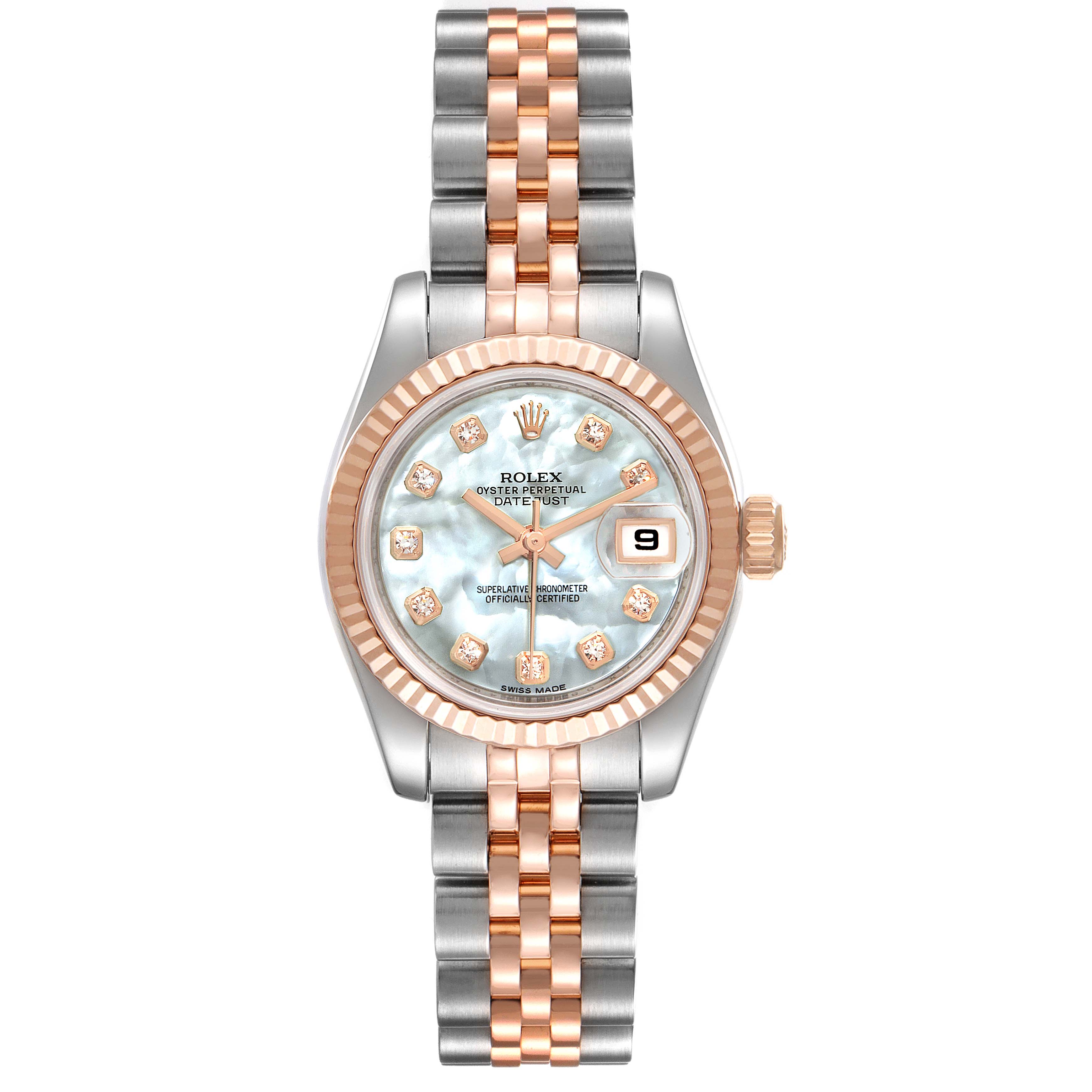 The image shows a Rolex Datejust 179171 Women
s Steel and Gold (two tone) Mother of Pearl Dial 179171 Women
s Steel and Gold (two tone) Mother of Pearl Dial watch from a top-down angle, displaying the face, bezel, and two-tone bracelet.