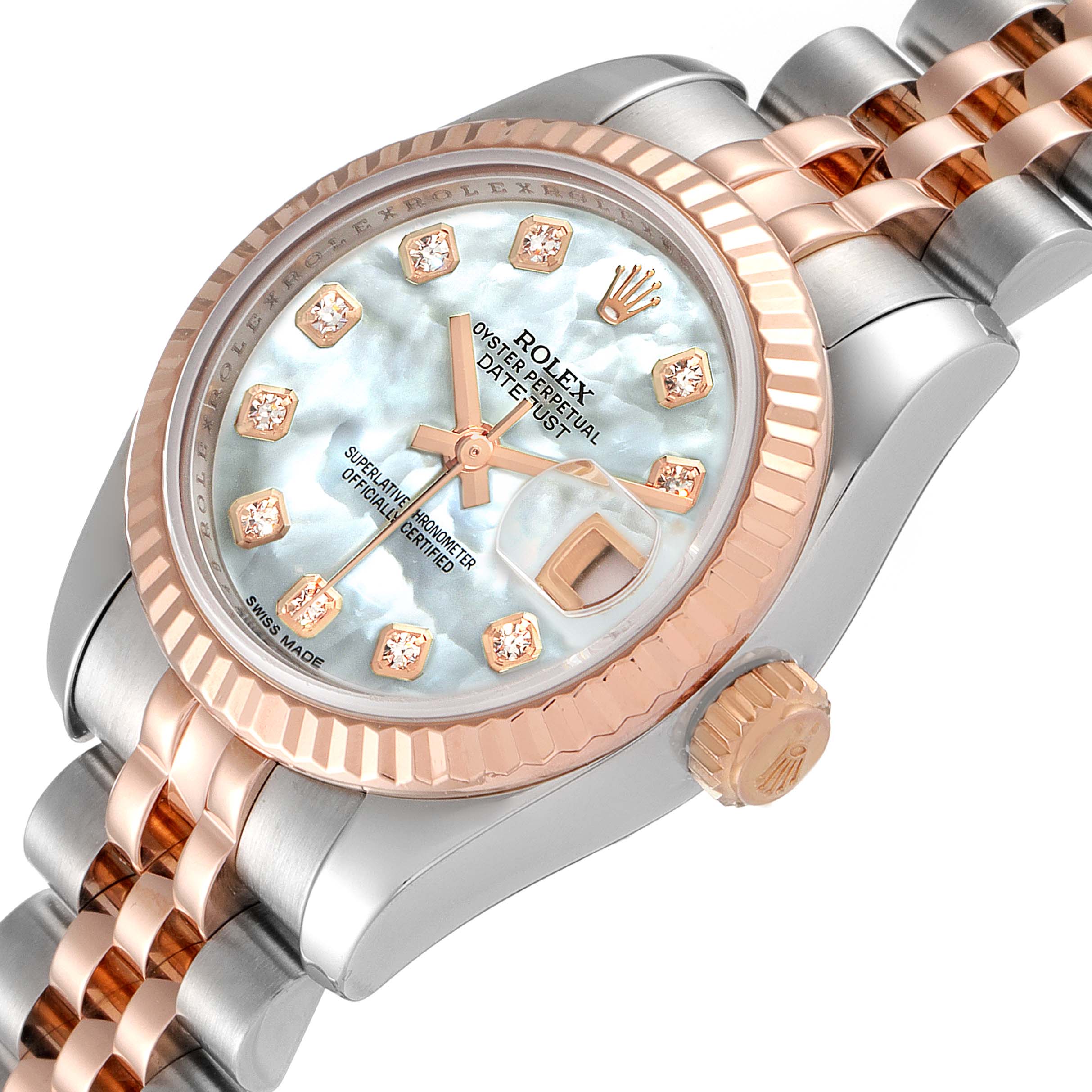 This image shows a close-up angle of the Rolex Datejust 179171 Women
s Steel and Gold (two tone) Mother of Pearl Dial 179171 Women
s Steel and Gold (two tone) Mother of Pearl Dial watch, highlighting its dial, bezel, and part of the bracelet.