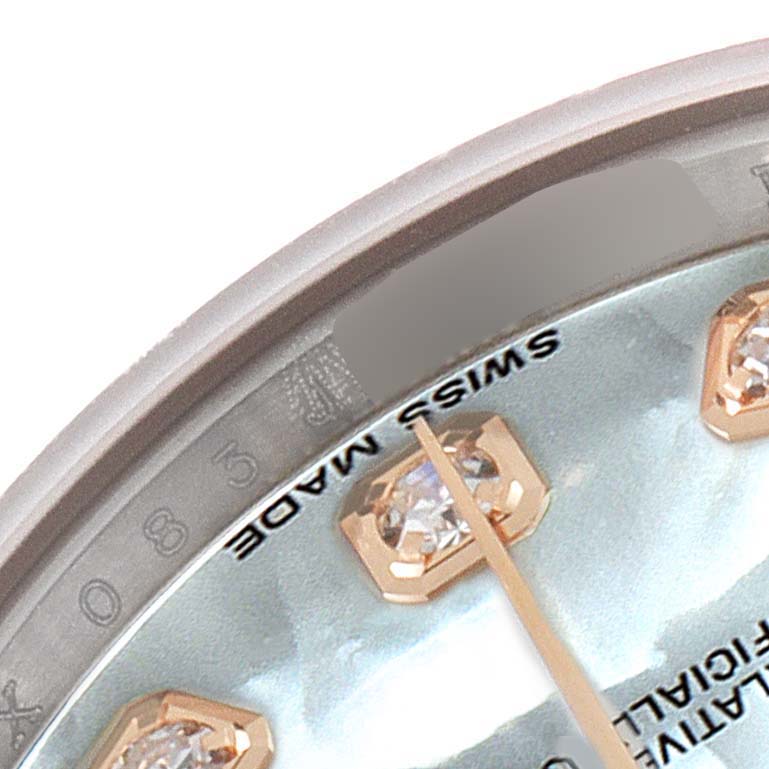 This close-up shows the dial of a Rolex Datejust 179171 Women
s Steel and Gold (two tone) Mother of Pearl Dial 179171 Women
s Steel and Gold (two tone) Mother of Pearl Dial watch, including diamond hour markers and the “SWISS MADE” text at the bottom.