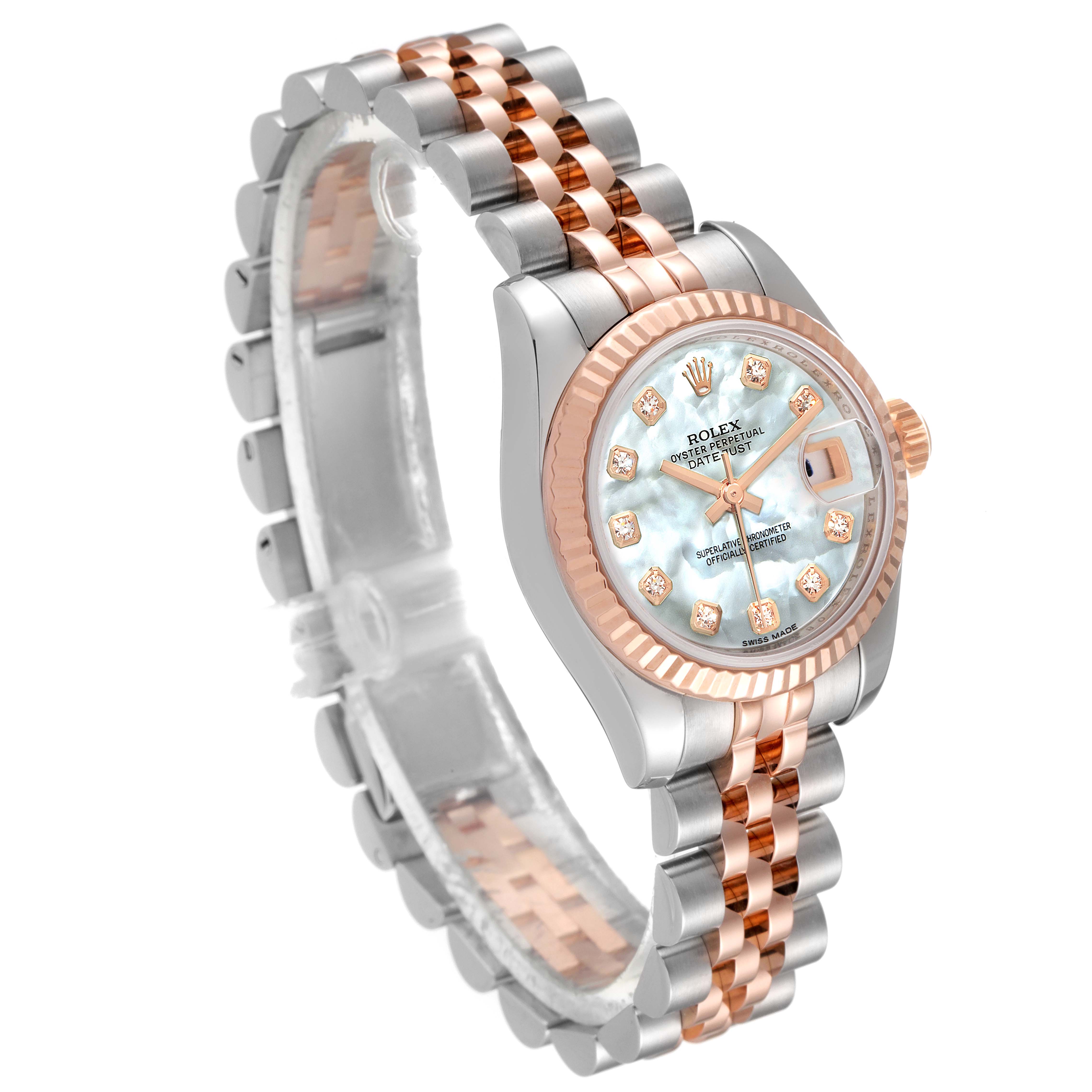 A Rolex Datejust 179171 Women
s Steel and Gold (two tone) Mother of Pearl Dial 179171 Women
s Steel and Gold (two tone) Mother of Pearl Dial watch is shown at a slight angle, featuring a two-tone Jubilee bracelet, fluted bezel, and diamond hour markers.