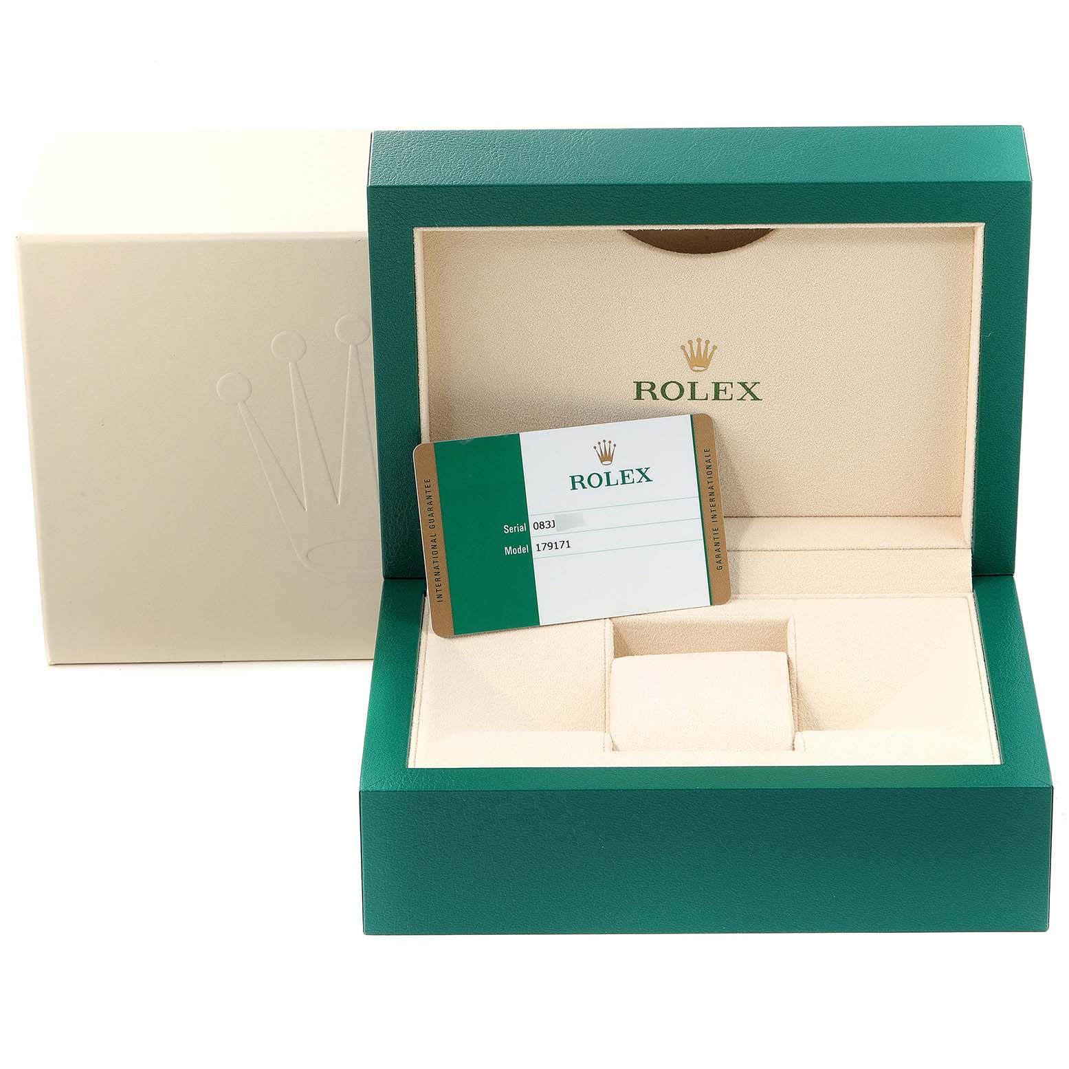 The image shows an open Rolex Datejust 179171 Women
s Steel and Gold (two tone) Mother of Pearl Dial 179171 Women
s Steel and Gold (two tone) Mother of Pearl Dial watch box with an Best Quality
ity card placed inside.