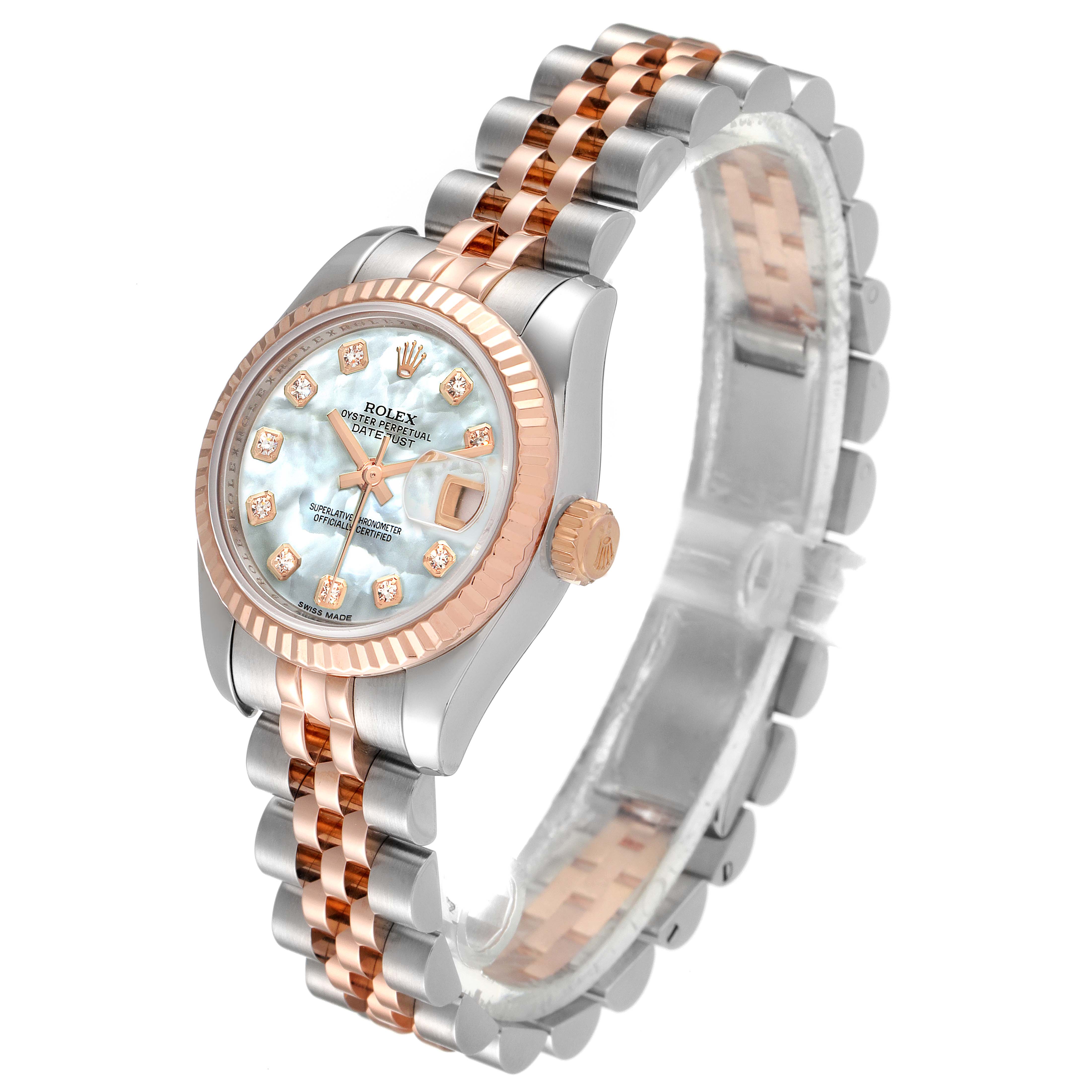 This image shows a Rolex Datejust 179171 Women
s Steel and Gold (two tone) Mother of Pearl Dial 179171 Women
s Steel and Gold (two tone) Mother of Pearl Dial watch in a three-quarter view, highlighting the dial, bezel, and band.