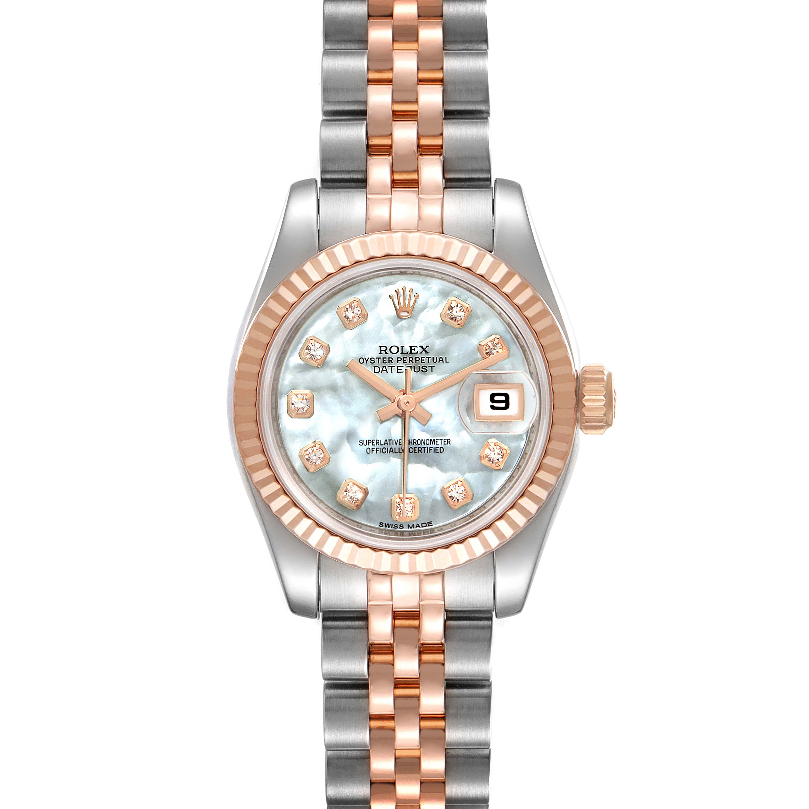 The image shows a front view of the Rolex Datejust 179171 Women
s Steel and Gold (two tone) Mother of Pearl Dial 179171 Women
s Steel and Gold (two tone) Mother of Pearl Dial watch, highlighting the face, bezel, crown, and two-tone bracelet.
