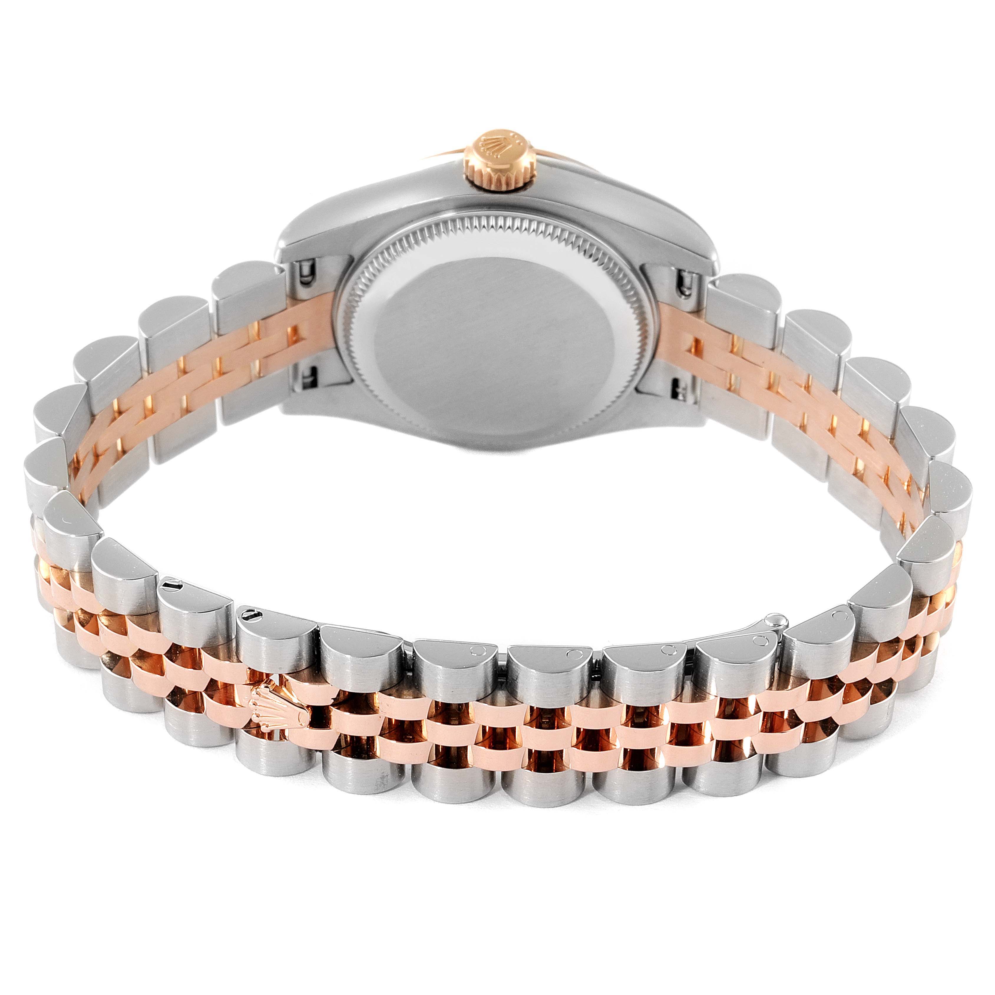 This image shows the back view of a Rolex Datejust 179171 Women
s Steel and Gold (two tone) Mother of Pearl Dial 179171 Women
s Steel and Gold (two tone) Mother of Pearl Dial watch, highlighting its two-tone bracelet and case back.