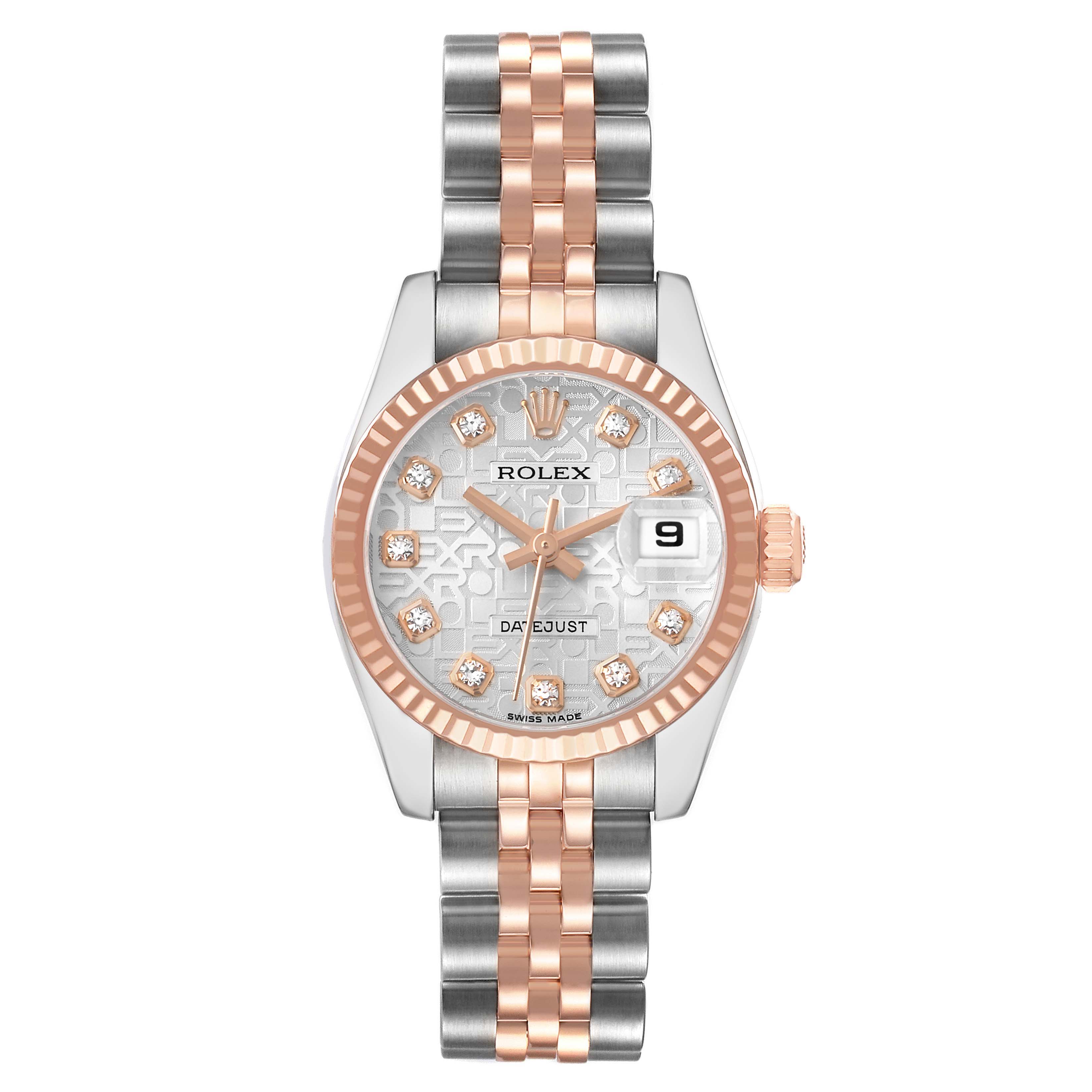 The Rolex Datejust 179171 Women's Steel and Gold (two tone) Silver Dial watch is shown from a front angle, highlighting the dial, bezel, bracelet, and crown.