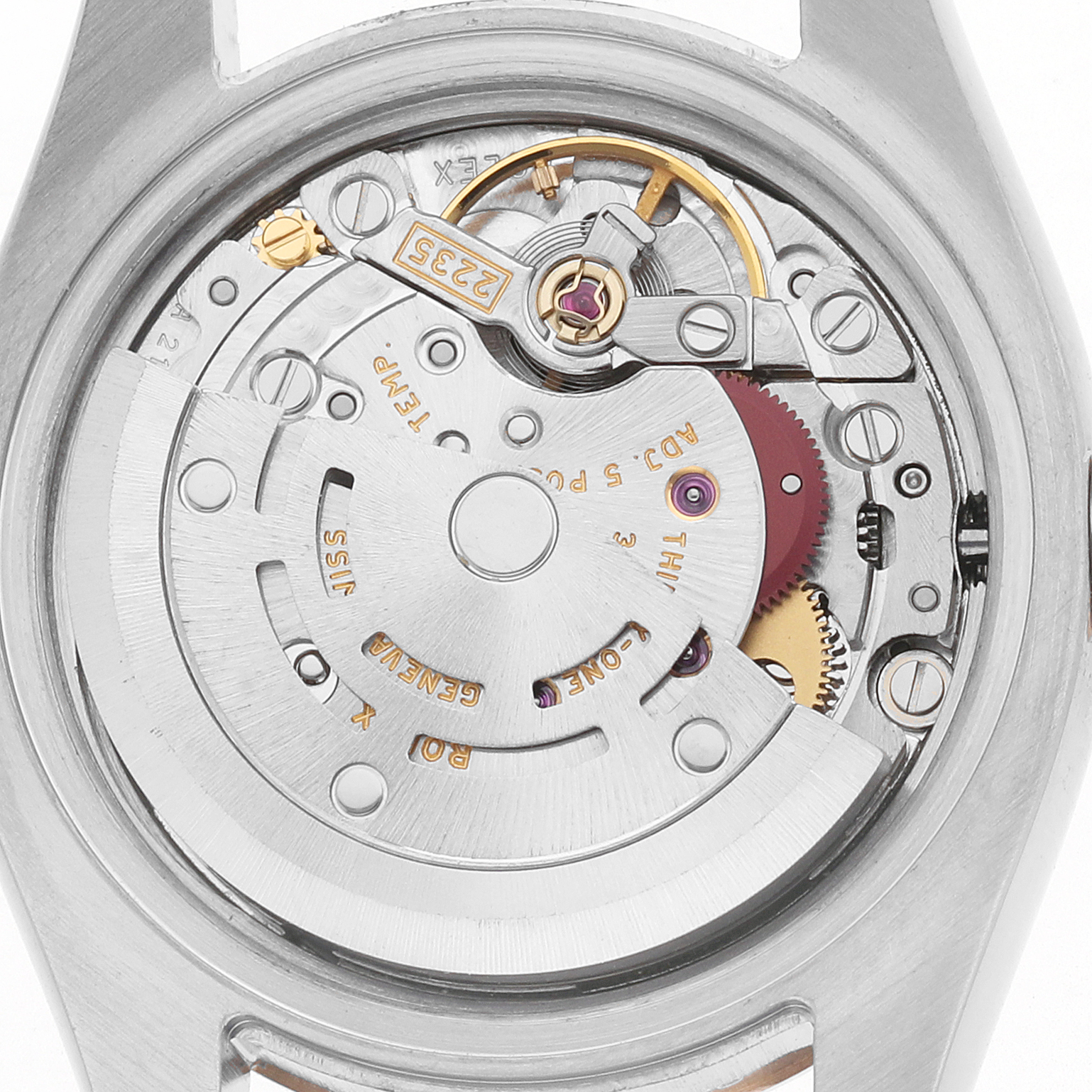 The image shows the movement of a Rolex Datejust 179171 Women's Steel and Gold (two tone) Silver Dial watch from a back view, highlighting the rotor and internal mechanics.