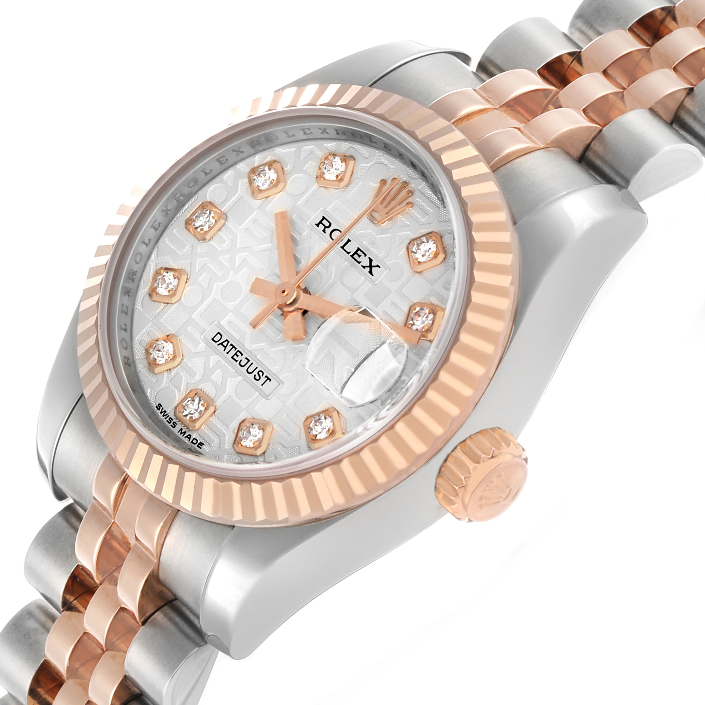 The Rolex Datejust 179171 Women's Steel and Gold (two tone) Silver Dial watch is shown at an angled view, highlighting the dial, bezel, crown, and bracelet.