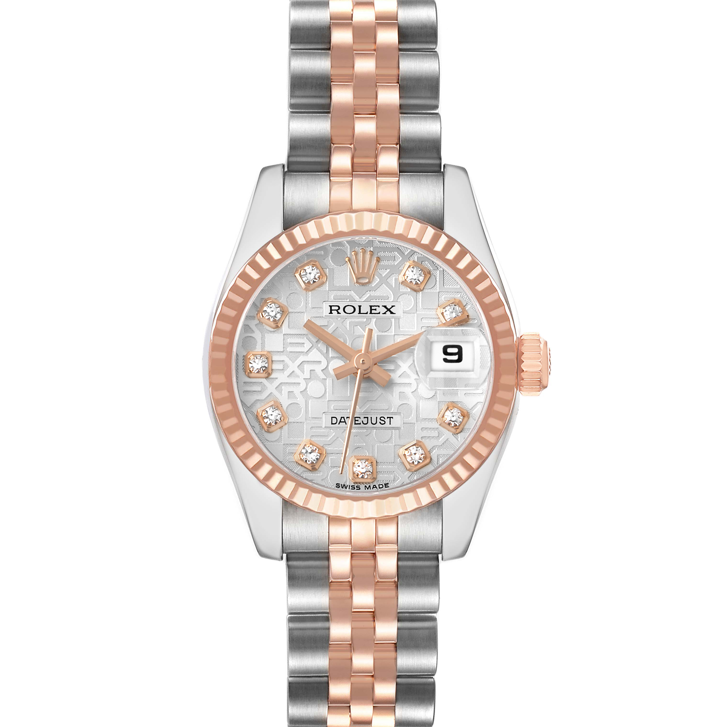 The Rolex Datejust 179171 Women's Steel and Gold (two tone) Silver Dial watch is shown from the front, displaying the face, bezel, case, bracelet, and crown.