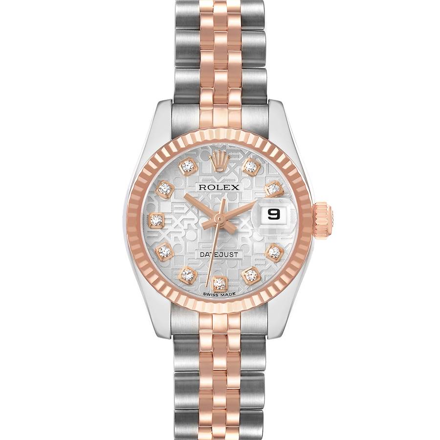 The Rolex Datejust 179171 Women's Steel and Gold (two tone) Silver Dial watch is shown from the front, displaying the face, bezel, case, bracelet, and crown.