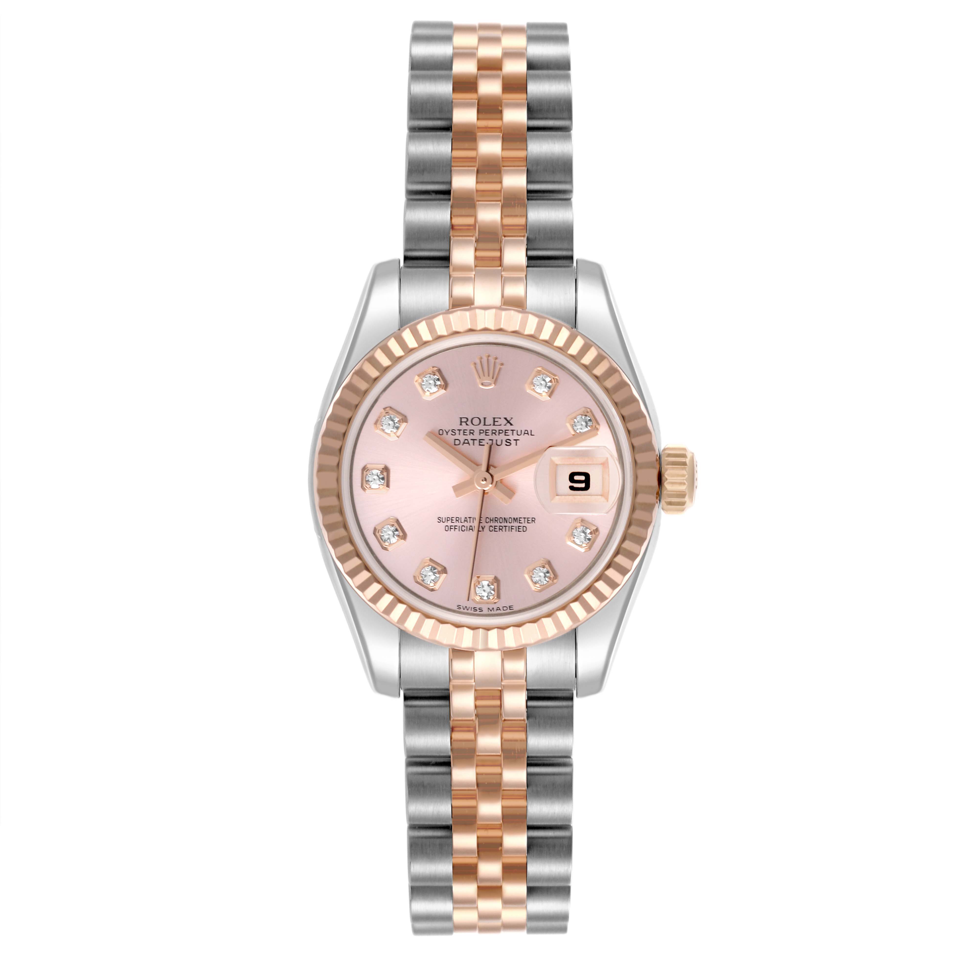 The Rolex Datejust 179171 Women's Steel and Gold (two tone) Pink Dial 179171 Women's Steel and Gold (two tone) Pink Dial watch is shown from a front angle, highlighting the dial, bezel, and two-tone bracelet.