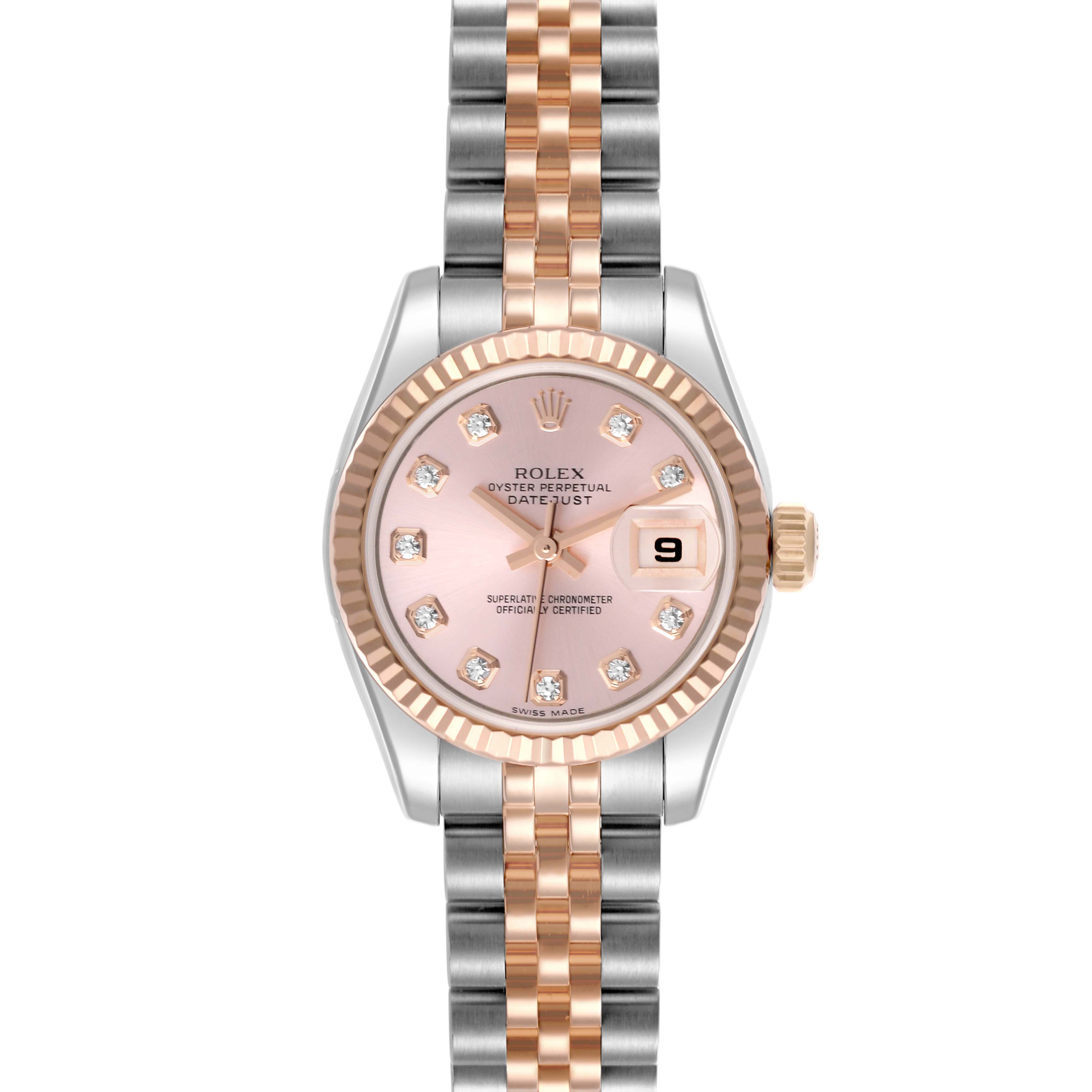 The image shows a front view of the Rolex Datejust 179171 Women's Steel and Gold (two tone) Pink Dial 179171 Women's Steel and Gold (two tone) Pink Dial, highlighting its face, bezel, and bracelet.