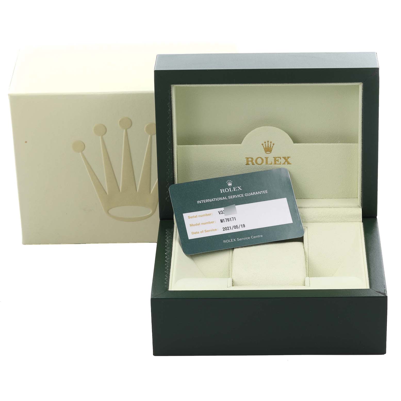 The image shows the packaging and service card for a Rolex Datejust 179171 Women's Steel and Gold (two tone) Pink Dial 179171 Women's Steel and Gold (two tone) Pink Dial, with an open box and visible warranty card.
