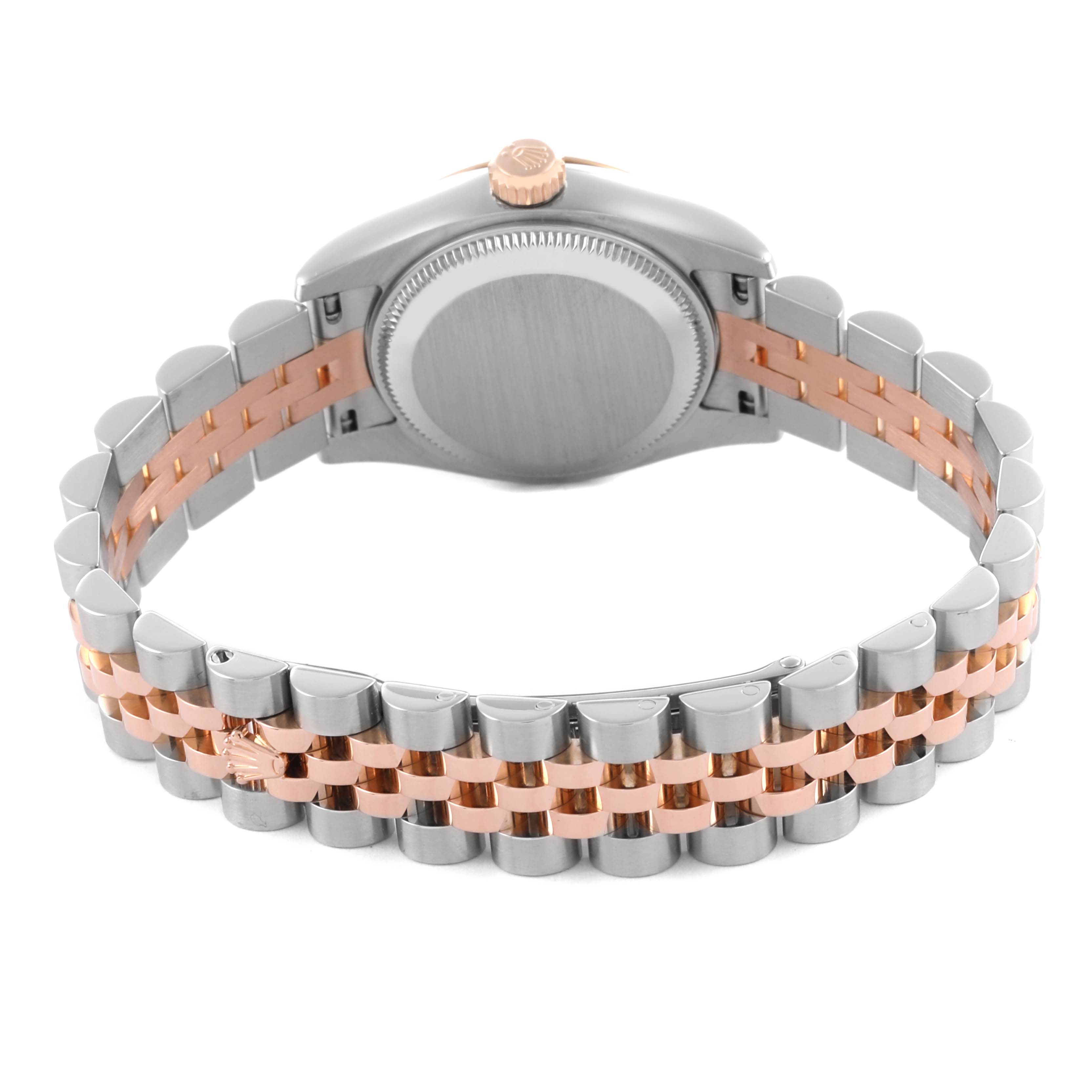 The image shows the back and side of a Rolex Datejust 179171 Women's Steel and Gold (two tone) Pink Dial 179171 Women's Steel and Gold (two tone) Pink Dial, highlighting the two-tone bracelet and caseback.