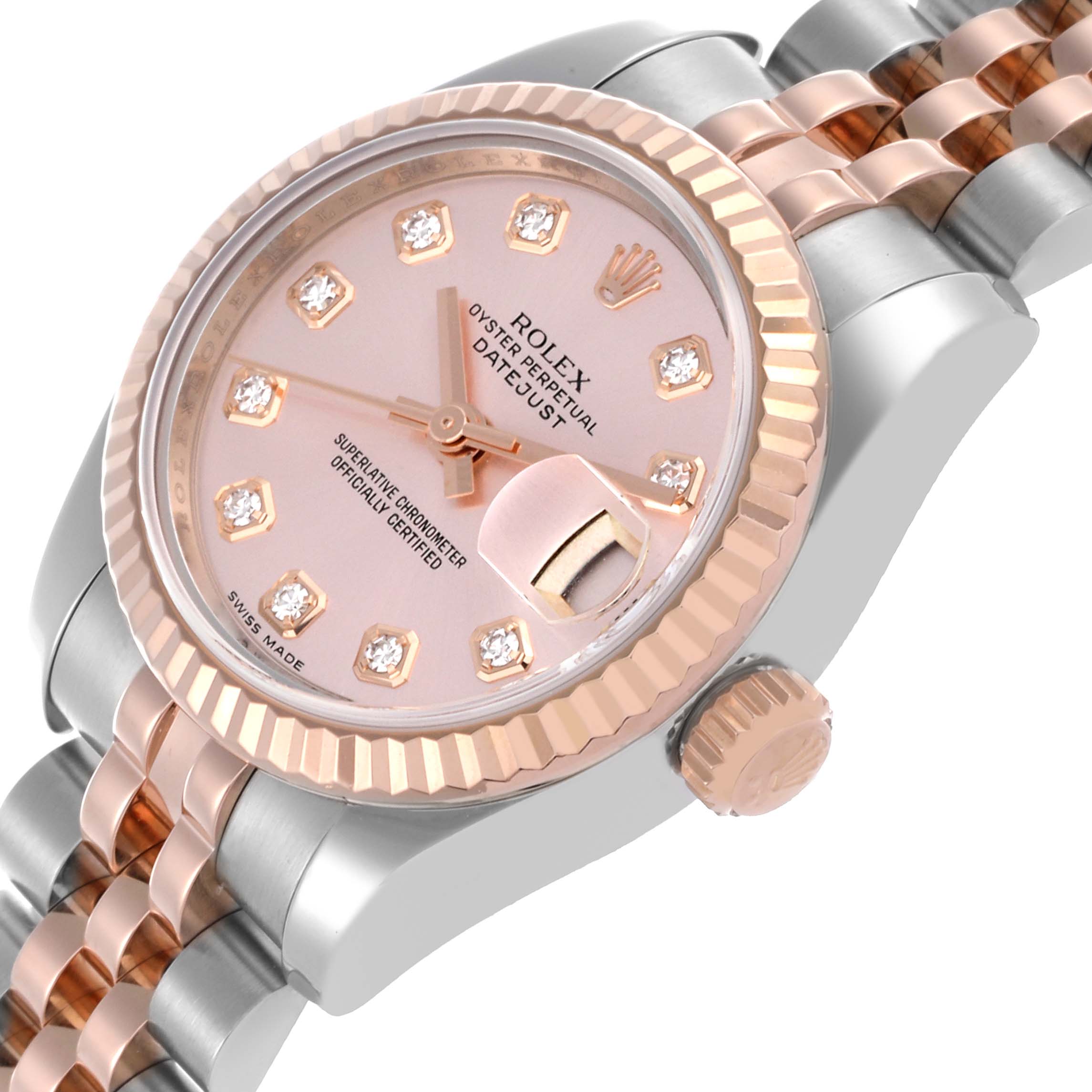 The Rolex Datejust 179171 Women's Steel and Gold (two tone) Pink Dial 179171 Women's Steel and Gold (two tone) Pink Dial watch is shown at an angled close-up, highlighting the face, bezel, bracelet, and crown.