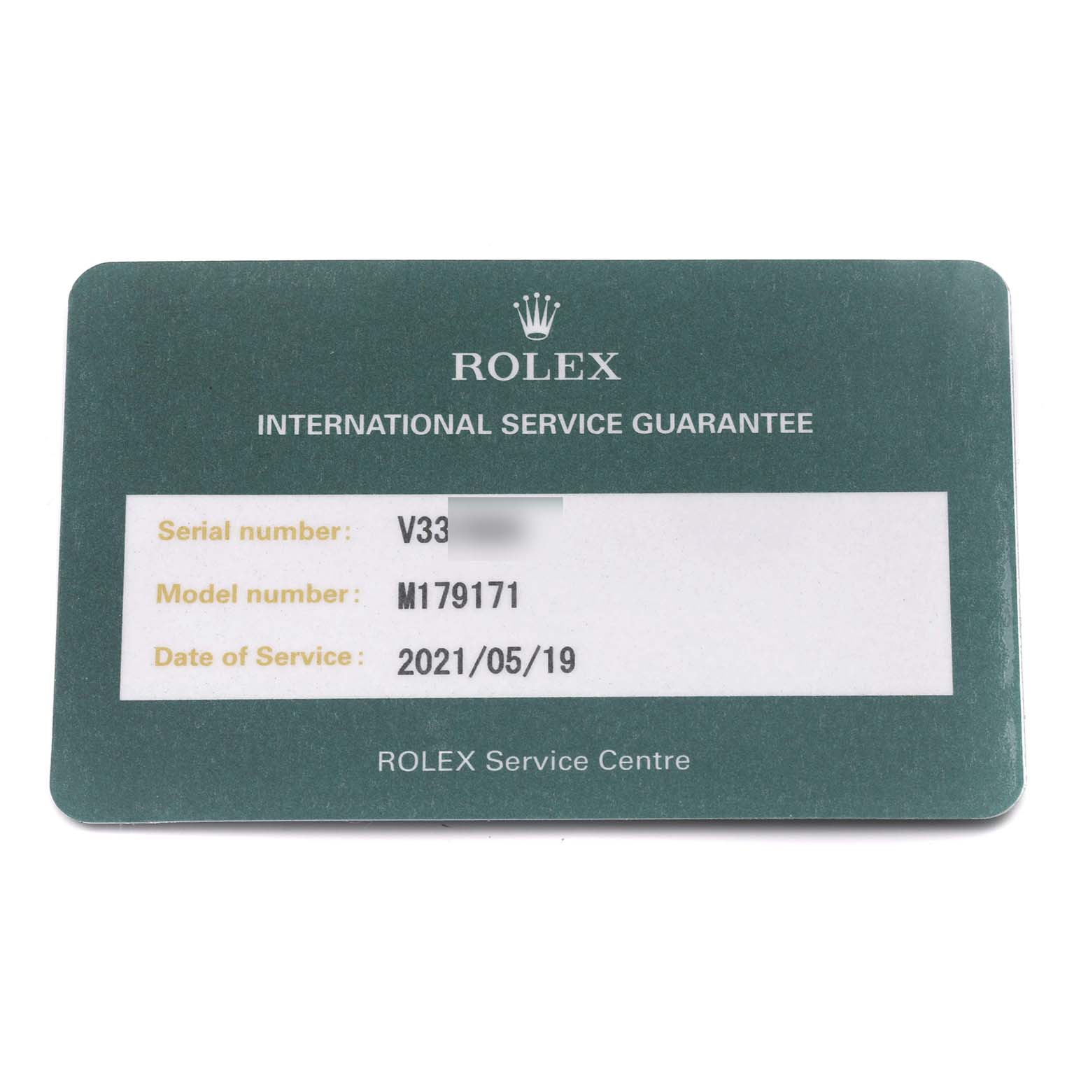 The image shows a Rolex Datejust 179171 Women's Steel and Gold (two tone) Pink Dial 179171 Women's Steel and Gold (two tone) Pink Dial International Service Guarantee card displaying serial, model numbers, and service date.