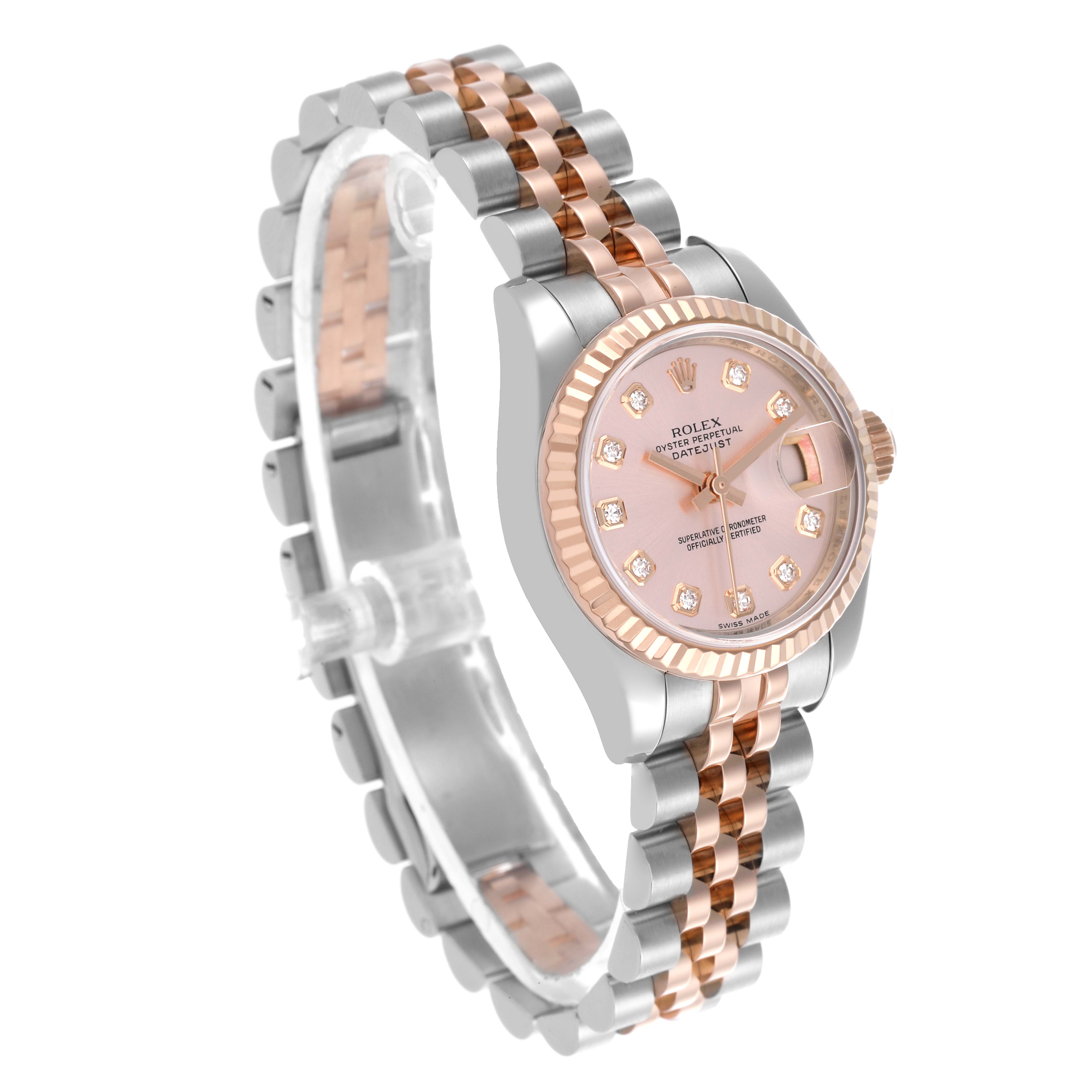 The Rolex Datejust 179171 Women's Steel and Gold (two tone) Pink Dial 179171 Women's Steel and Gold (two tone) Pink Dial watch is shown in a three-quarter view, highlighting its face, bezel, and bracelet.