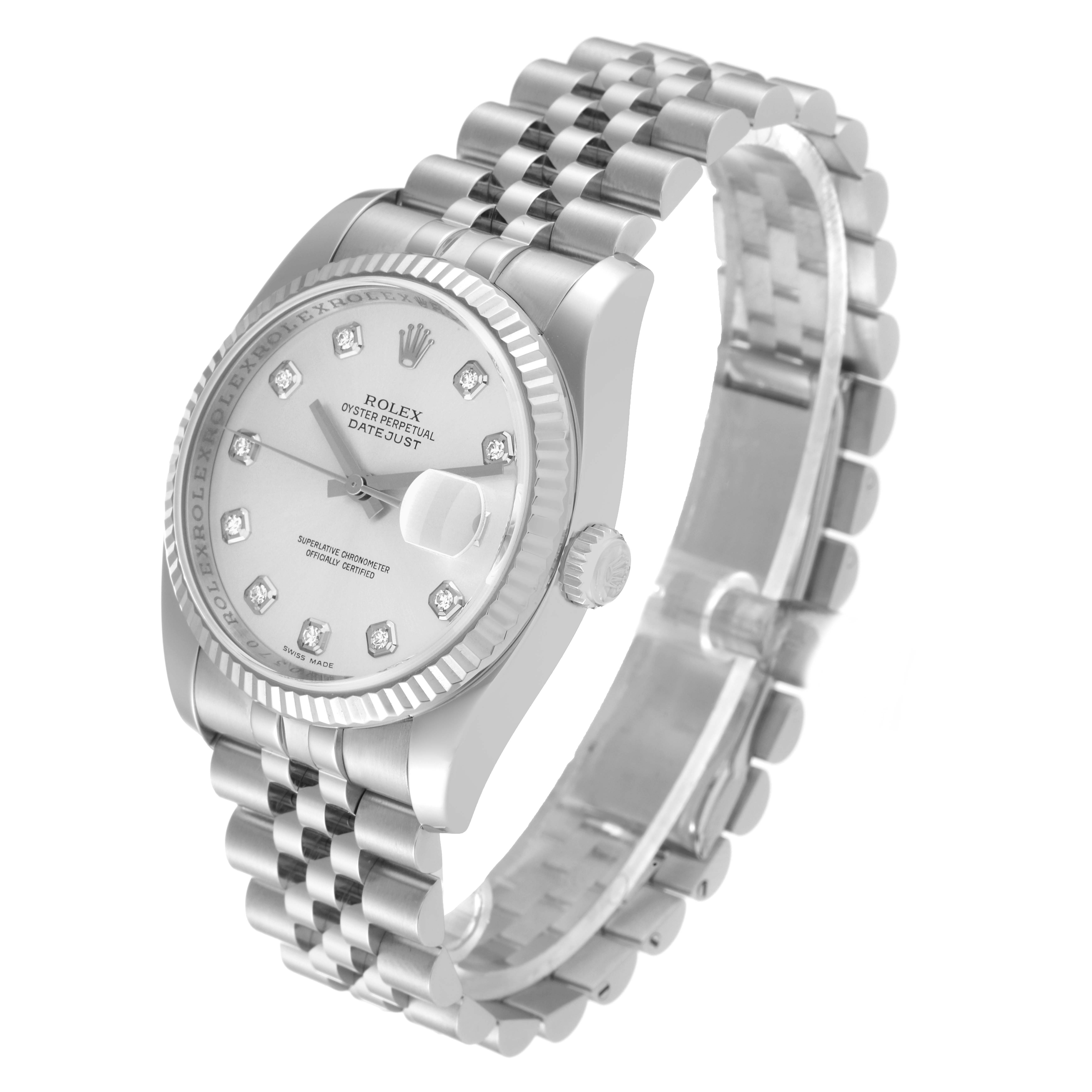 The image shows a Rolex Datejust 116234 Men's Stainless Steel Silver Dial 116234 Men's Stainless Steel Silver Dial watch angled to display its face, bezel, crown, and bracelet.