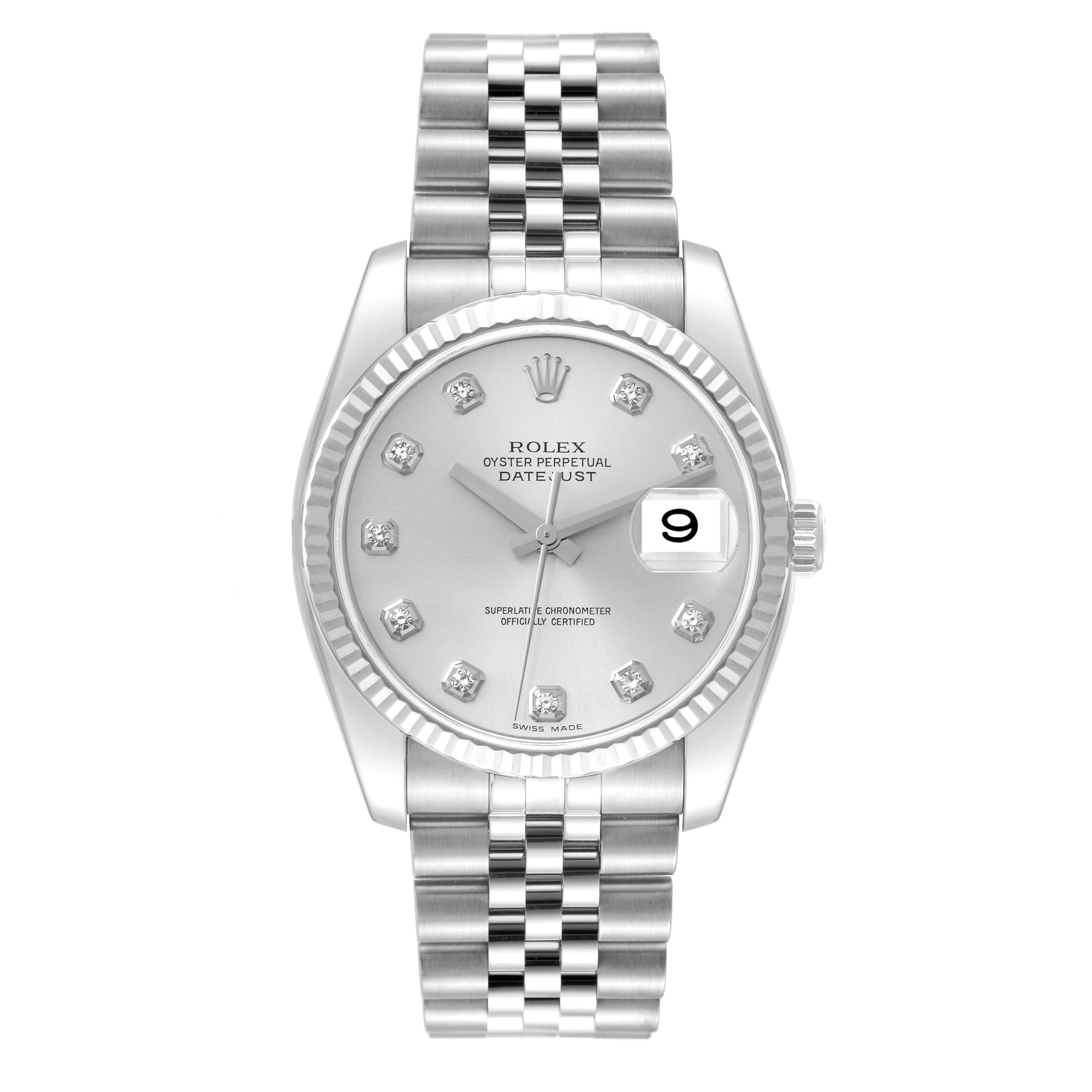 The image shows a Rolex Datejust 116234 Men's Stainless Steel Silver Dial 116234 Men's Stainless Steel Silver Dial watch from a front angle, highlighting its dial, bezel, and bracelet.