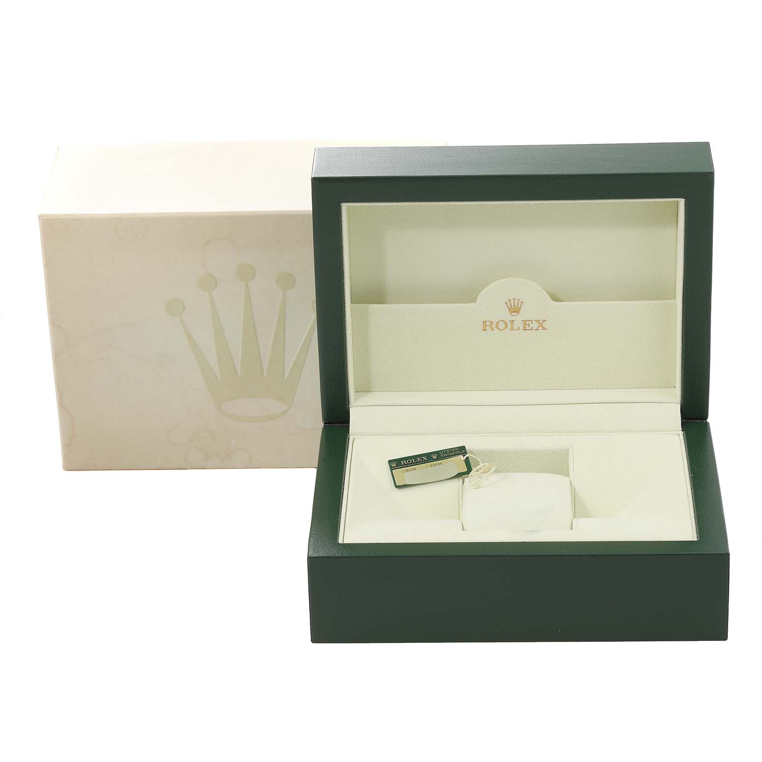 The image shows an open Rolex Datejust 116234 Men's Stainless Steel Silver Dial 116234 Men's Stainless Steel Silver Dial watch box and the green Rolex tag, with the outer box in the background.