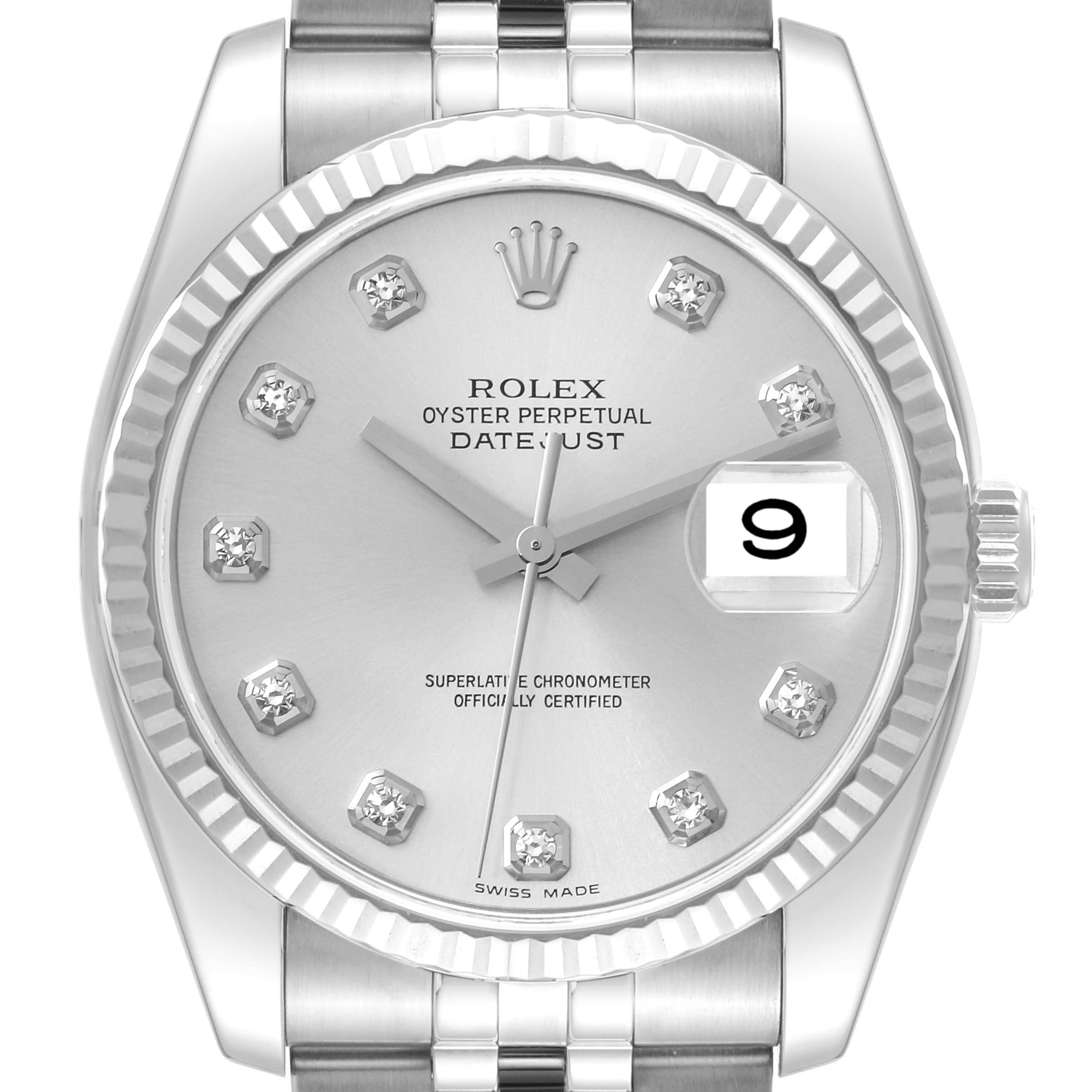 The image shows a frontal view of the Rolex Datejust 116234 Men's Stainless Steel Silver Dial 116234 Men's Stainless Steel Silver Dial watch, featuring the dial, bezel, and a portion of the bracelet.