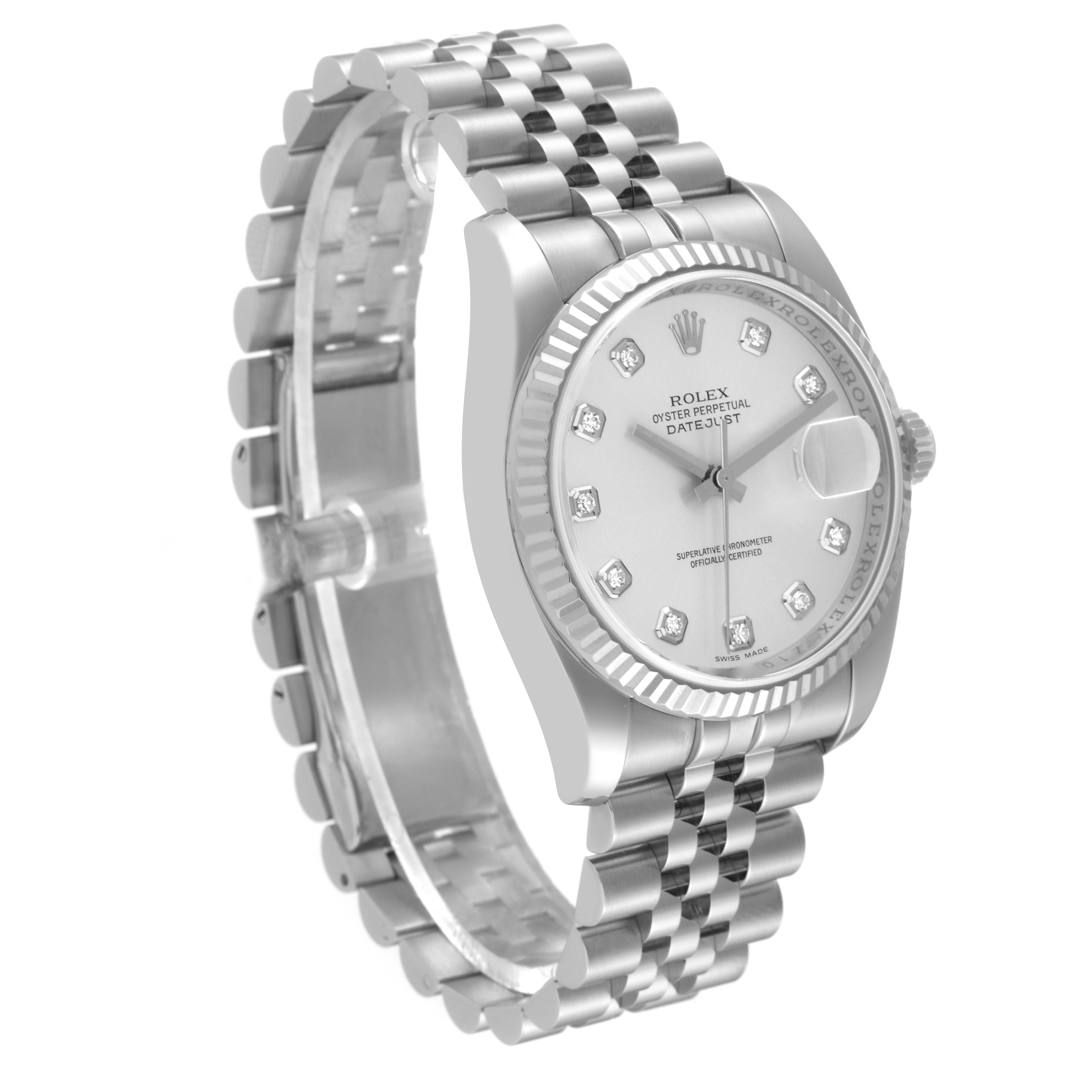 The Rolex Datejust 116234 Men's Stainless Steel Silver Dial 116234 Men's Stainless Steel Silver Dial watch is shown from a slightly angled perspective, highlighting its face, bezel, and bracelet.