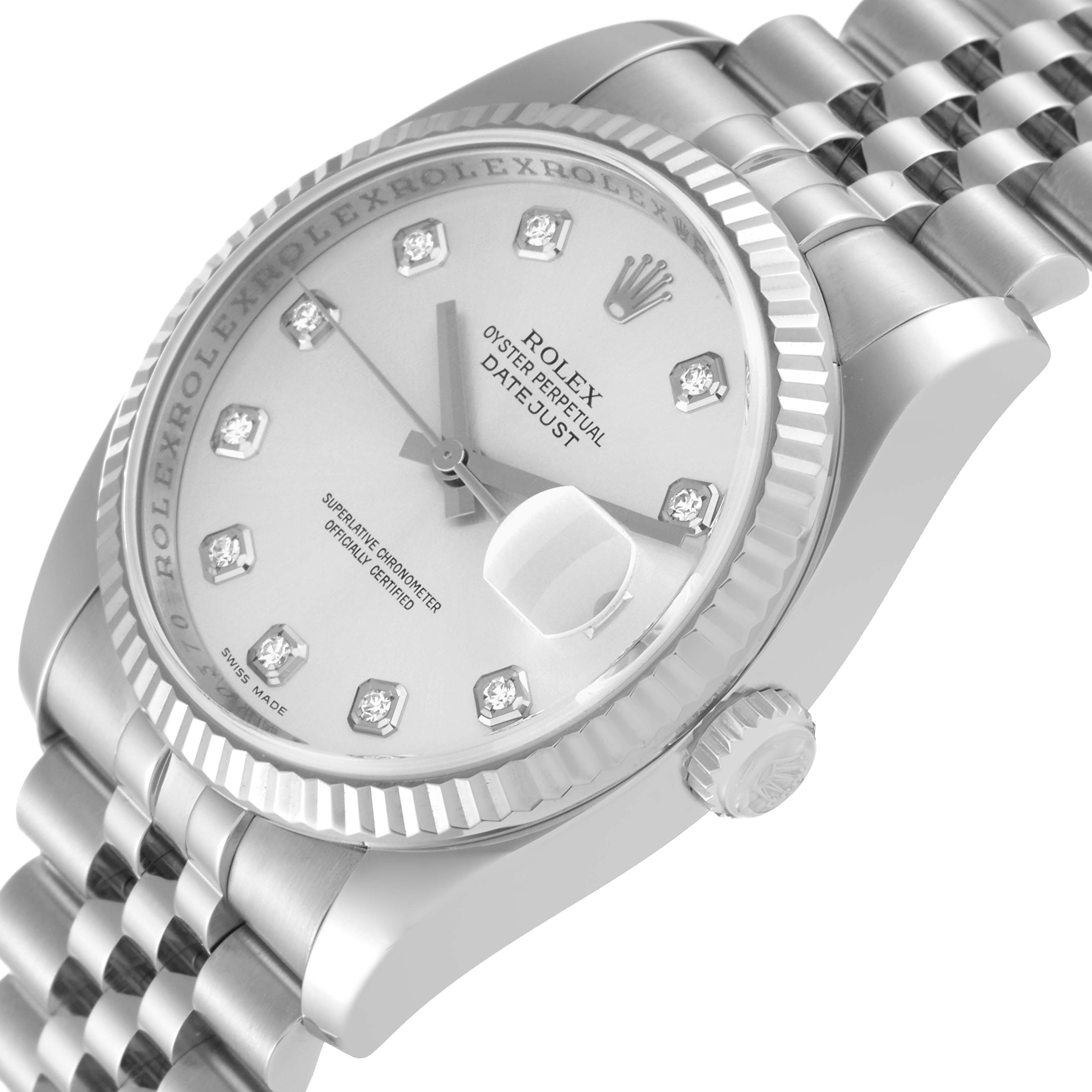 The image shows a close-up angle of the Rolex Datejust 116234 Men's Stainless Steel Silver Dial 116234 Men's Stainless Steel Silver Dial watch, highlighting its dial, bezel, crown, and part of the bracelet.